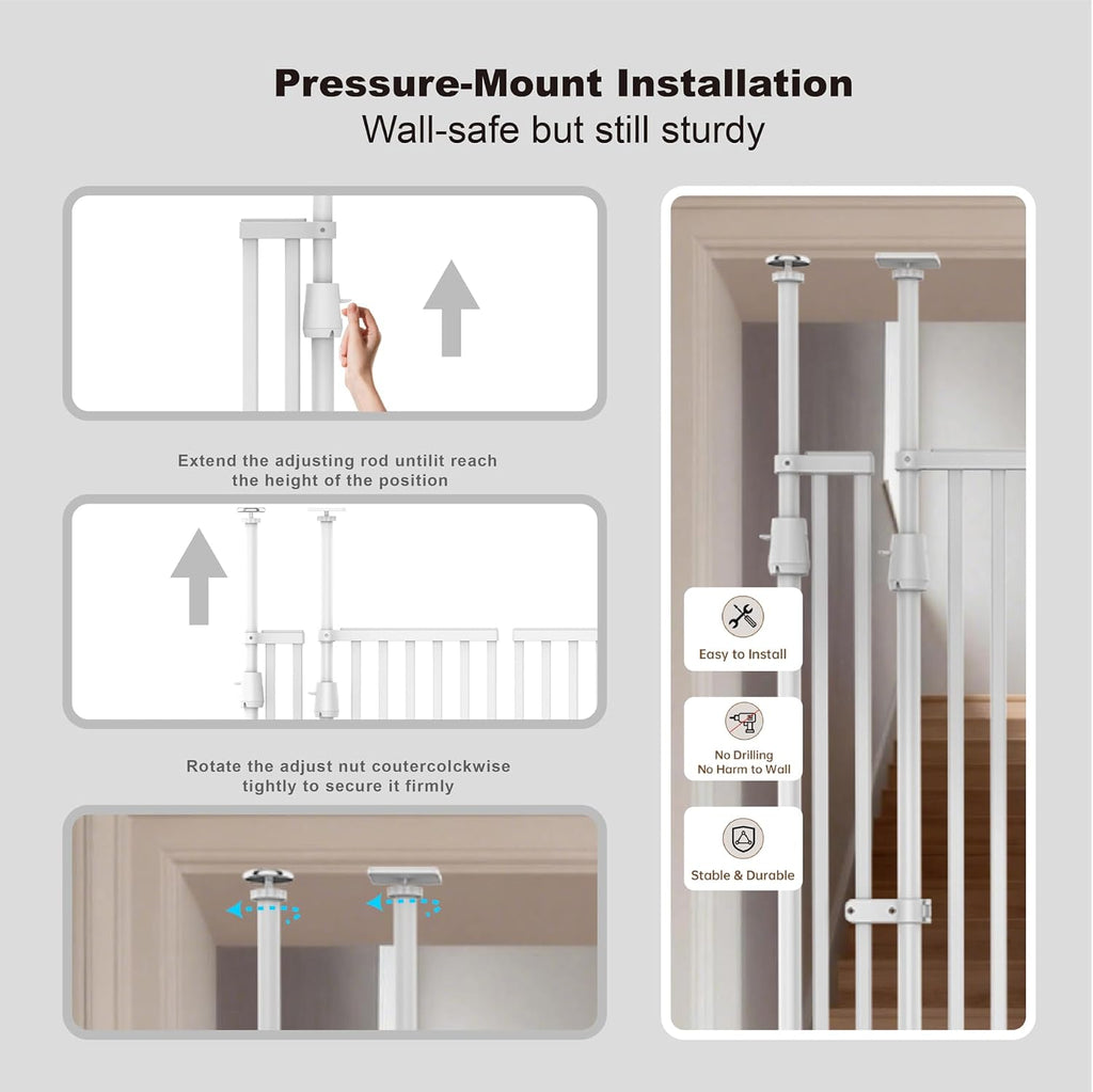 YGP 74.8-90.5' Extra Tall Cat Gate,30.3–38.2' Wide Pressure Mounted Cat Gate for Doorway, 1.3' Narrow Bar Cat Dog Proof Pet Gate,Auto Close No Drilling for Indoor Stairs Window Wall.White