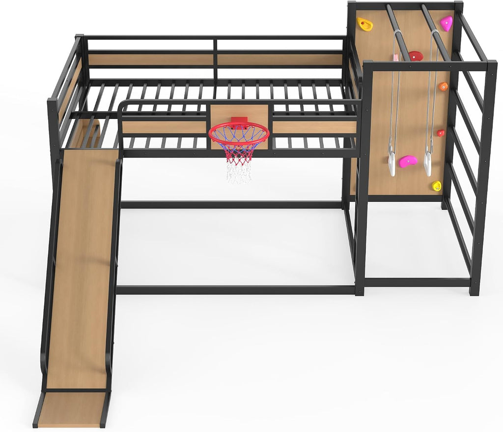 Bellemave Metal Full Over Full Bunk Bed Frame with Slide,Full Size Floor Bunk Bed and Basketball Hoop,Pull-up Rings and Climbing Wall,Heavy Duty Bunk Beds with Bookshelves for Kids Girls Boys,Natural