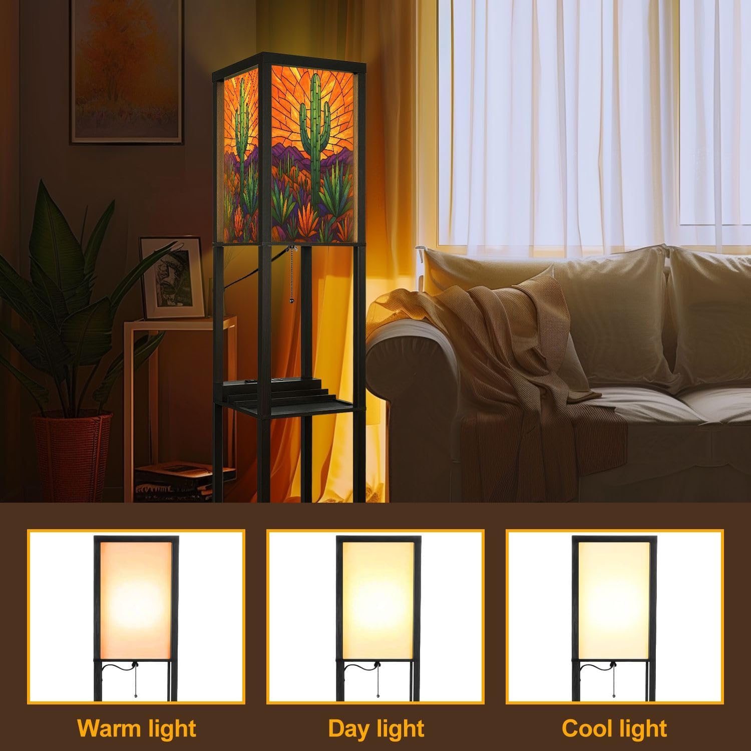 Floor Lamp with Shelves Geometric Western Cactus Stained Glass Design Standing Tall Lamp USB Ports & Power Outlet Modern Corner Lamp Nightstand Light for Living Room Bedroom