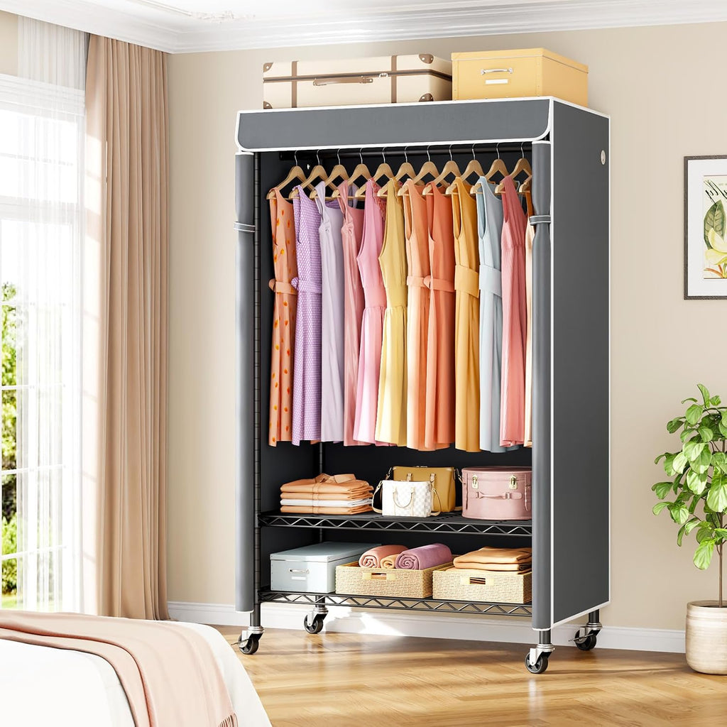 ULIFHOME P6C Rolling Clothes Rack with Cover, Covered Clothing Racks Heavy Duty, Portable Closet for Hanging Clothes, Garment Racks on Wheels, Black Closet Rack with Gray Cover, Max Load 365LBS