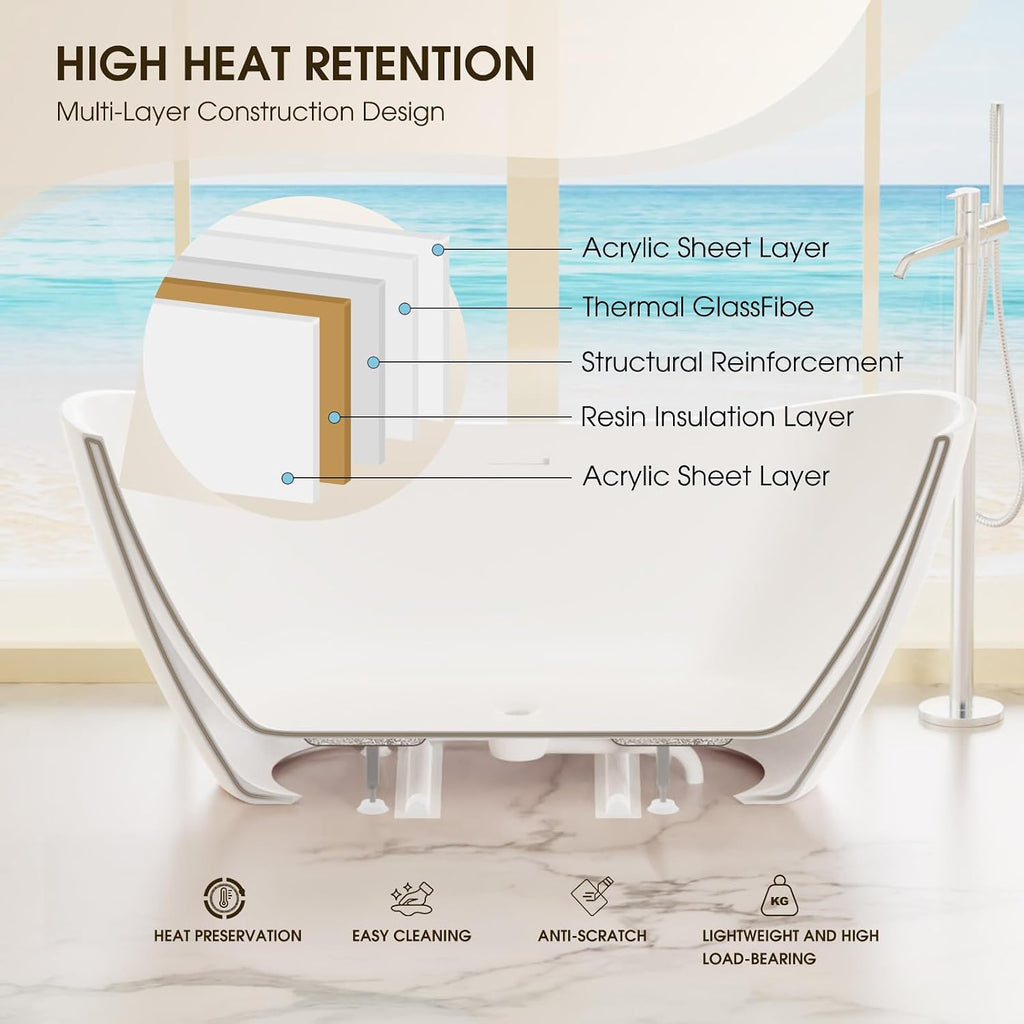 59' Acrylic Freestanding Bathtub,14' Deep Soaking Tub with Integrated Overflow & Drain,2 Person Soaking Tub,CUPC Certified, Chrome Drain Bath Tub,Modern Tub for Bathrooms,Double Backrest White