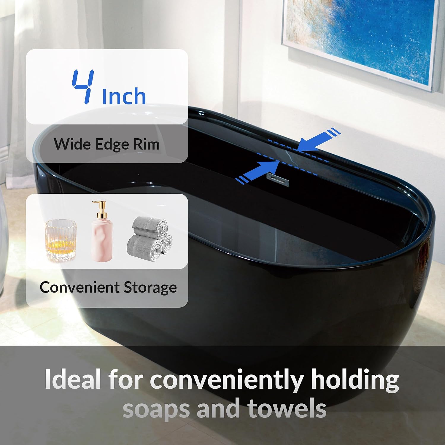 WOODBRIDGE 59' L x 31-1/2' W Freestanding Contemporary Acrylic Soaking Bathtub in Glossy Black Inside and Outside with Chrome Drain & Overflow,B8864-C