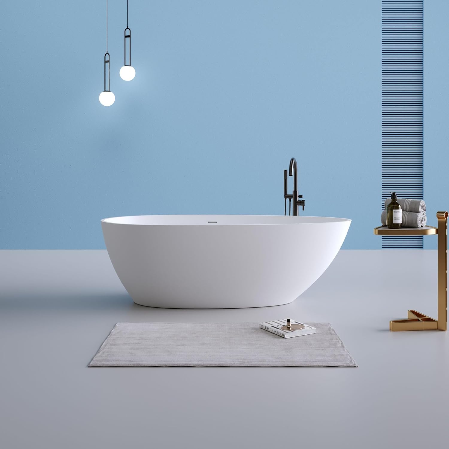 H2O Oval 59 in. x 30.7 in. Solid Surface Stone Resin Freestanding Bathtub, 14 in. Soaking Depth, Ergonomic Backrest, Matte White, Center Drain with Overflow, Durable, Easy to Clean