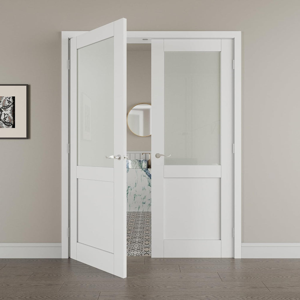 64' x 80' French Doors Interior (Double 32' x 80' Half Frosted Glass Door with Silver Hinge Prehung Jamb Kit), Pre-Finished & Paintable, Prebuilt Home Door Slabs & Assembly Required Jamb