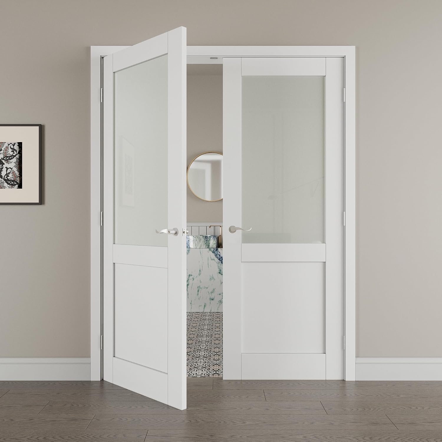 64' x 80' French Doors Interior (Double 32' x 80' Half Frosted Glass Door with Silver Hinge Prehung Jamb Kit), Pre-Finished & Paintable, Prebuilt Home Door Slabs & Assembly Required Jamb