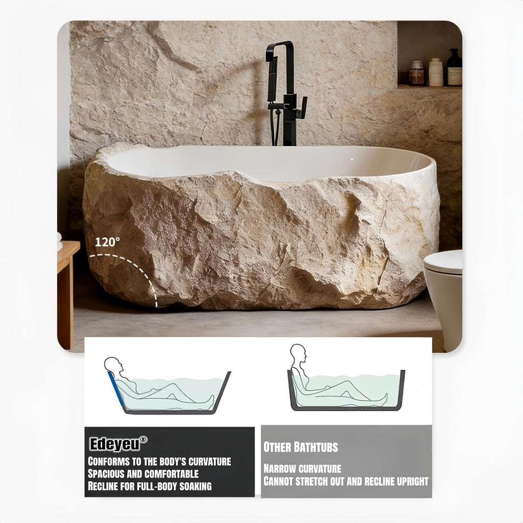 67' Edeyeu Freestanding Bathtub - Solid Surface Soaking Tub, Designer Free Standing Tub with Unique Stone Texture, Deep Soaker Bathtub for Luxury Spa & Home, Black