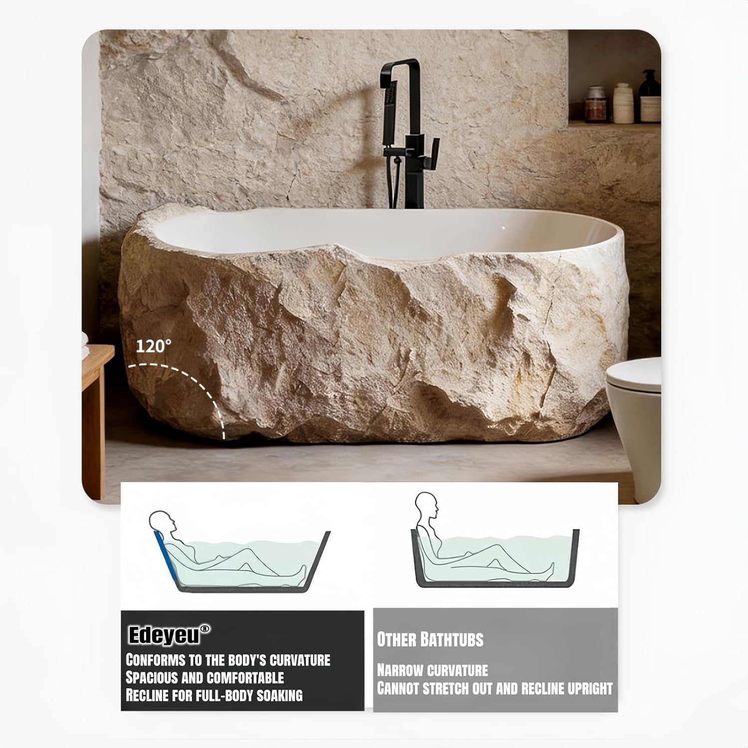 67' Edeyeu Freestanding Bathtub - Solid Surface Soaking Tub, Designer Free Standing Tub with Unique Stone Texture, Deep Soaker Bathtub for Luxury Spa & Home, Black