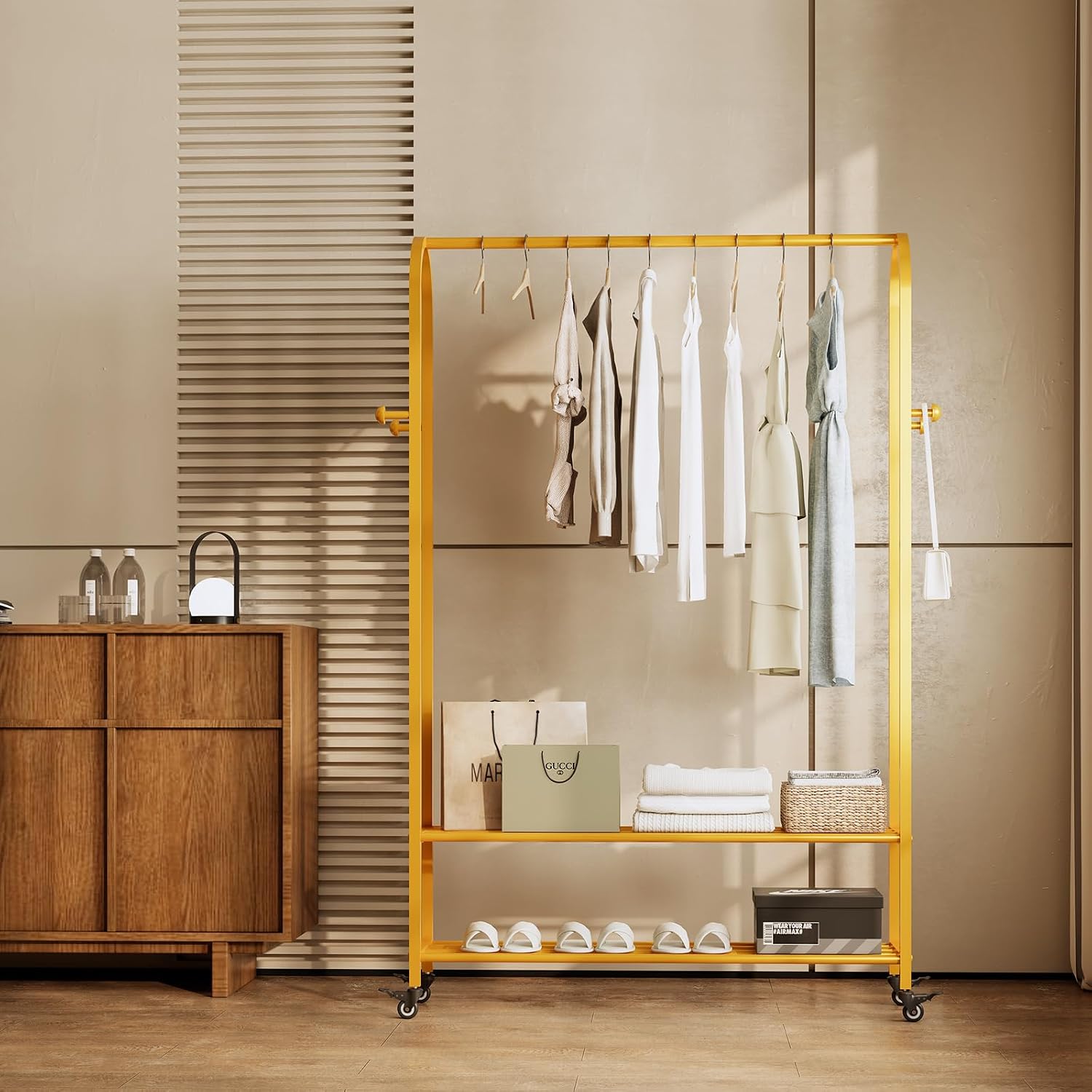 Sturdy Heavy Duty Clothes Rack With Wheels,Modern Clothing Rack With Shelves & hooks, Garment Racks for Hanging Clothes,Closet Rack for Bedroom,49.21in Wide,Clothes Storage and Display (gold)