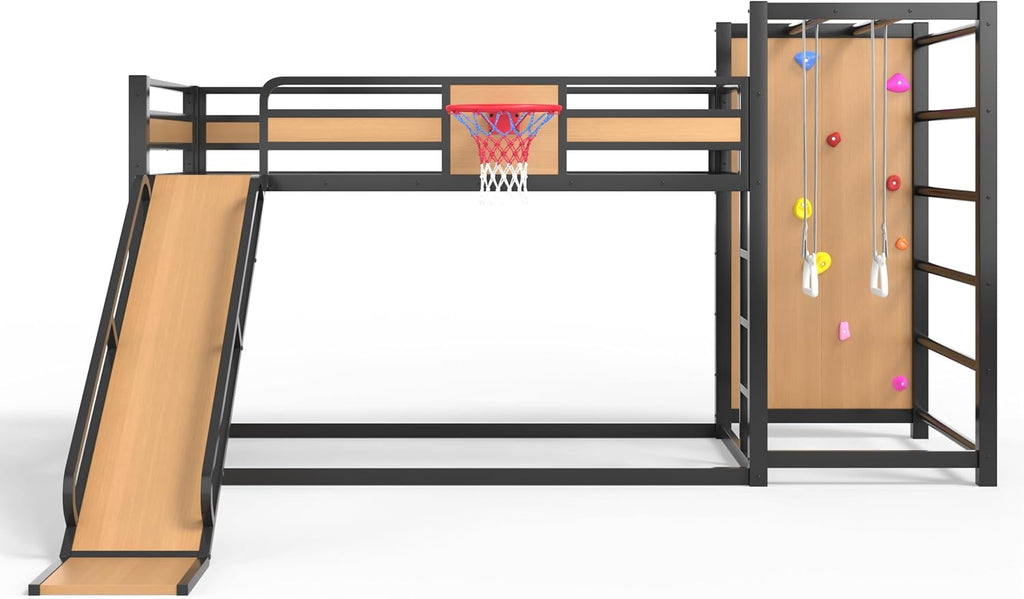 Bellemave Metal Twin XL Over Twin XL Bunk Bed Frame with Slide,Floor Bunk Bed and Basketball Hoop,Pull-up Rings and Climbing Wall,Heavy Duty Bunk Beds with Bookshelves for Kids Girls Boys,Natural