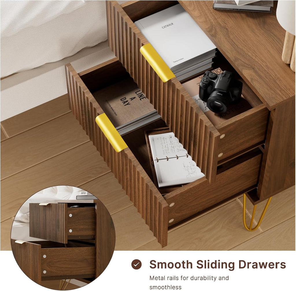 Set of 2 Nightstand, Mid Century Modern Night Stand Bedside Table with 2 Storage Drawer, Bed Side End Table with Golden Handles and Legs for Bedroom, Walnut