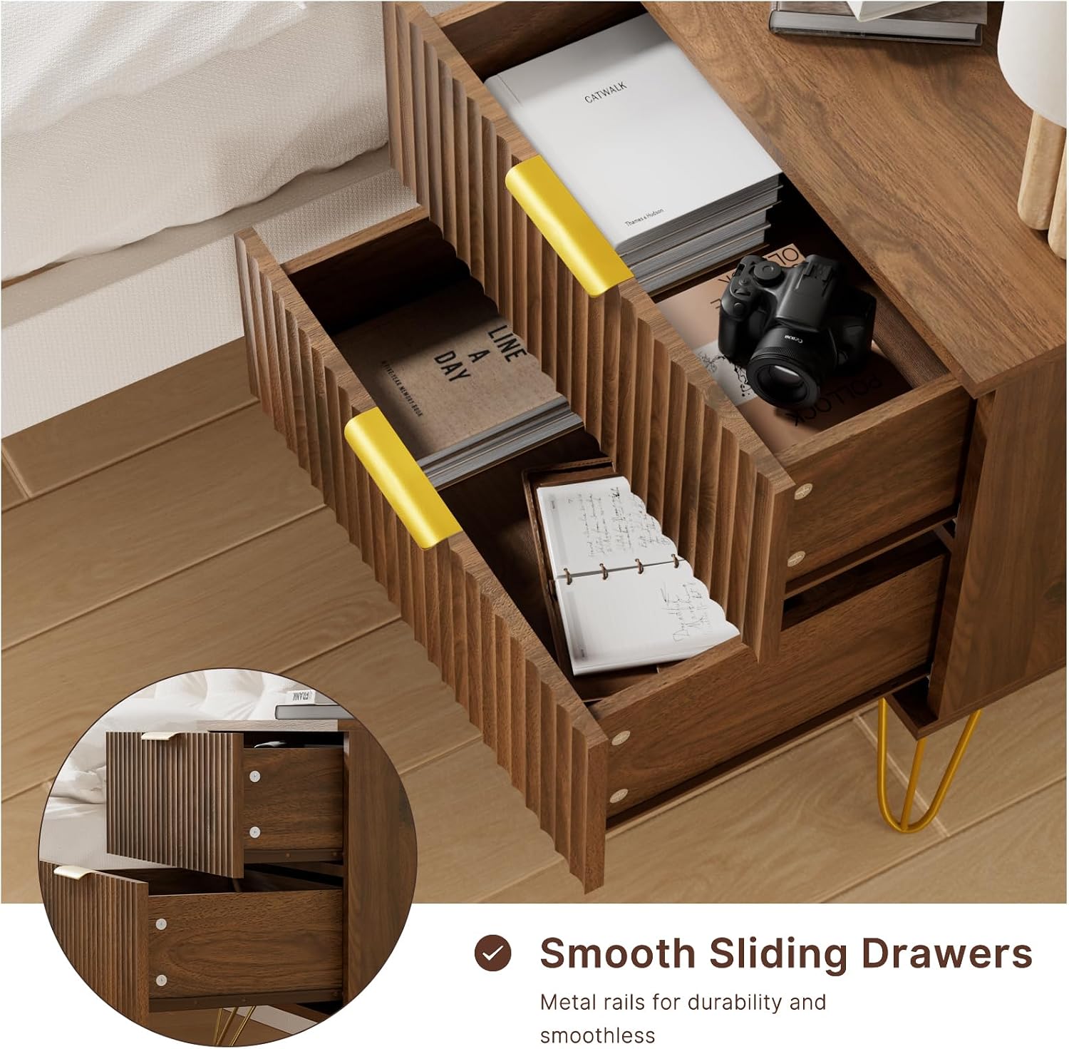 Set of 2 Nightstand, Mid Century Modern Night Stand Bedside Table with 2 Storage Drawer, Bed Side End Table with Golden Handles and Legs for Bedroom, Walnut
