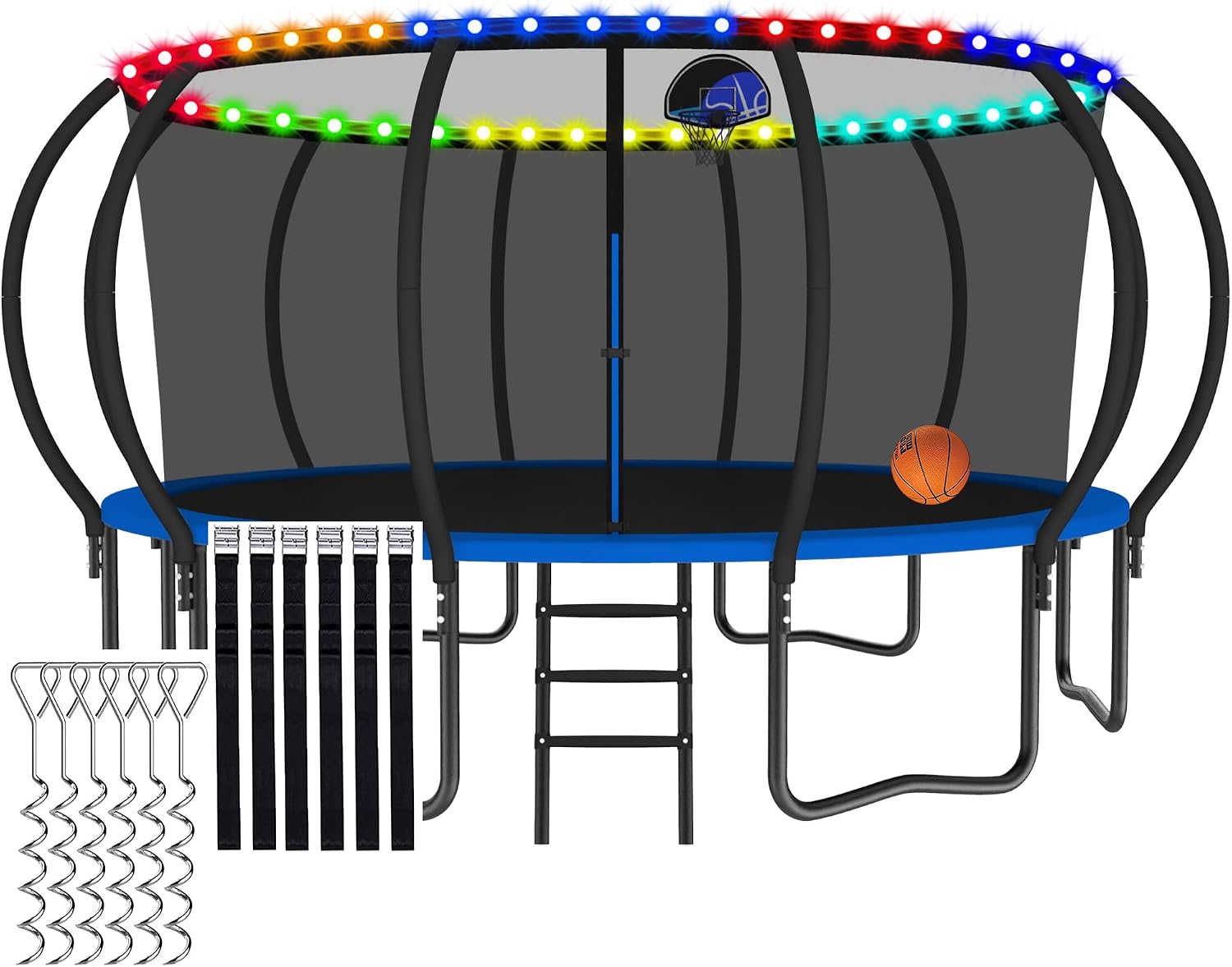 Tranpoline Outdoor with Light, 1500LBS 8/10/12/14/15/16 FT Tranpoline for Kids and Adults Tranpoline with Enclosure Net, Basketball Hoop, Heavy Duty Recreational Yard Tranpolines