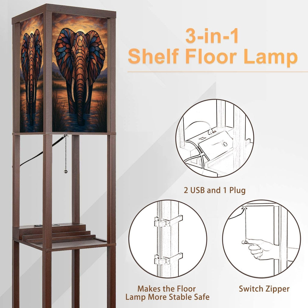 Floor Lamp with Shelves Colored Glass Elephant Sunset Standing Tall Lamp USB Ports & Power Outlet Modern Corner Lamp Nightstand Light for Living Room Bedroom