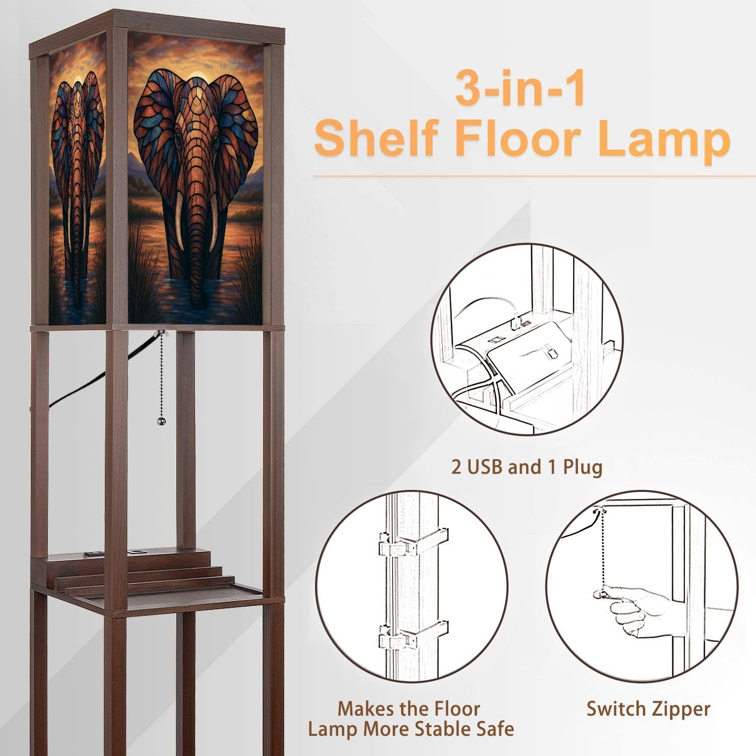 Floor Lamp with Shelves Colored Glass Elephant Sunset Standing Tall Lamp USB Ports & Power Outlet Modern Corner Lamp Nightstand Light for Living Room Bedroom