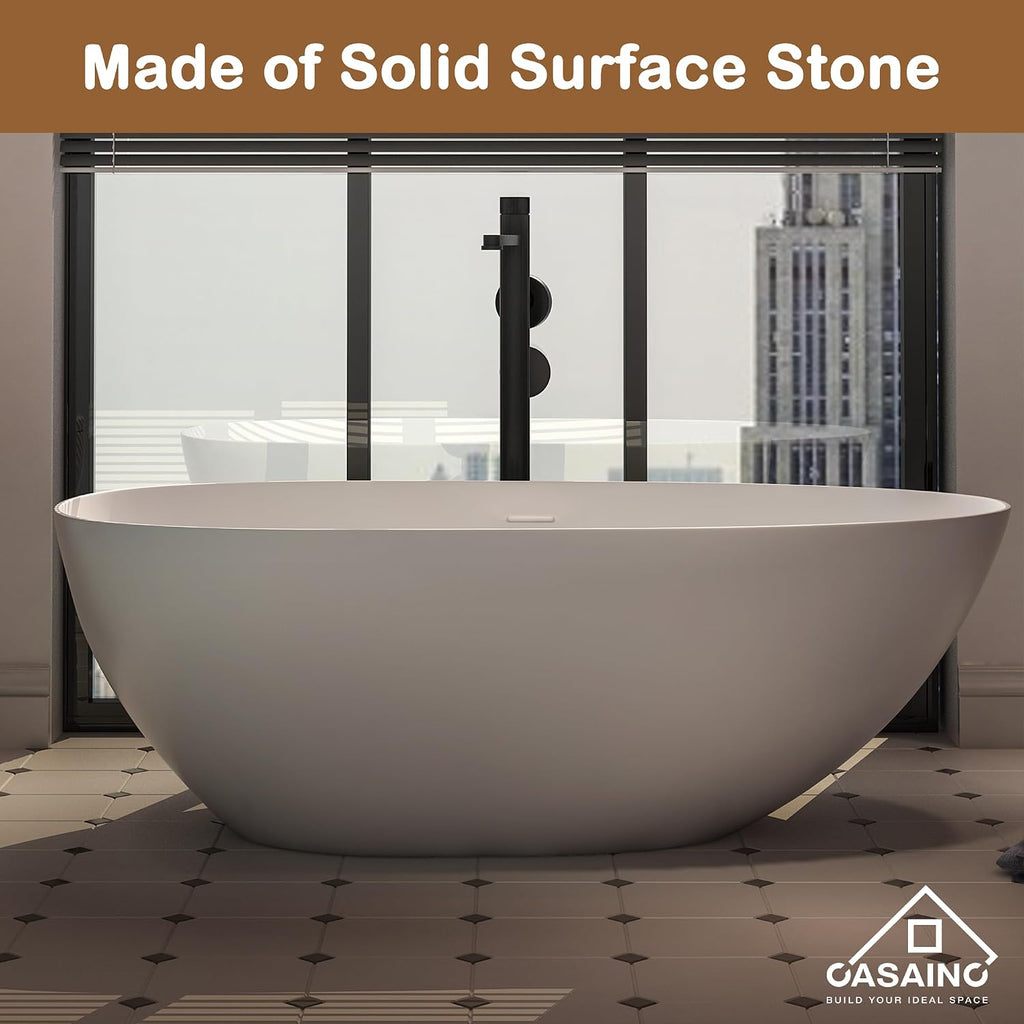CASAINC 59'' Resin Stone Freestanding Bathtub, Solid Surface Matte White Free Standing Tub, Egg Shape Stand Alone Soaking Tubs with Drain, Drain Hose & Sanding Paper