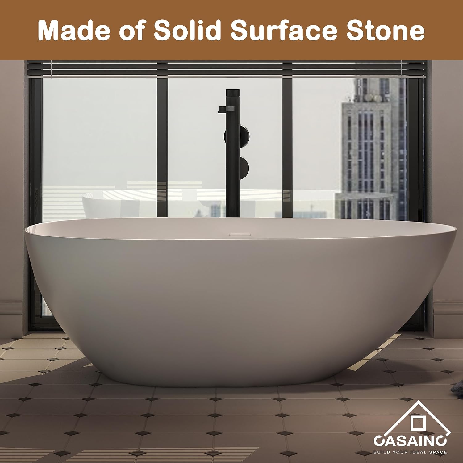 CASAINC 59'' Resin Stone Freestanding Bathtub, Solid Surface Matte White Free Standing Tub, Egg Shape Stand Alone Soaking Tubs with Drain, Drain Hose & Sanding Paper