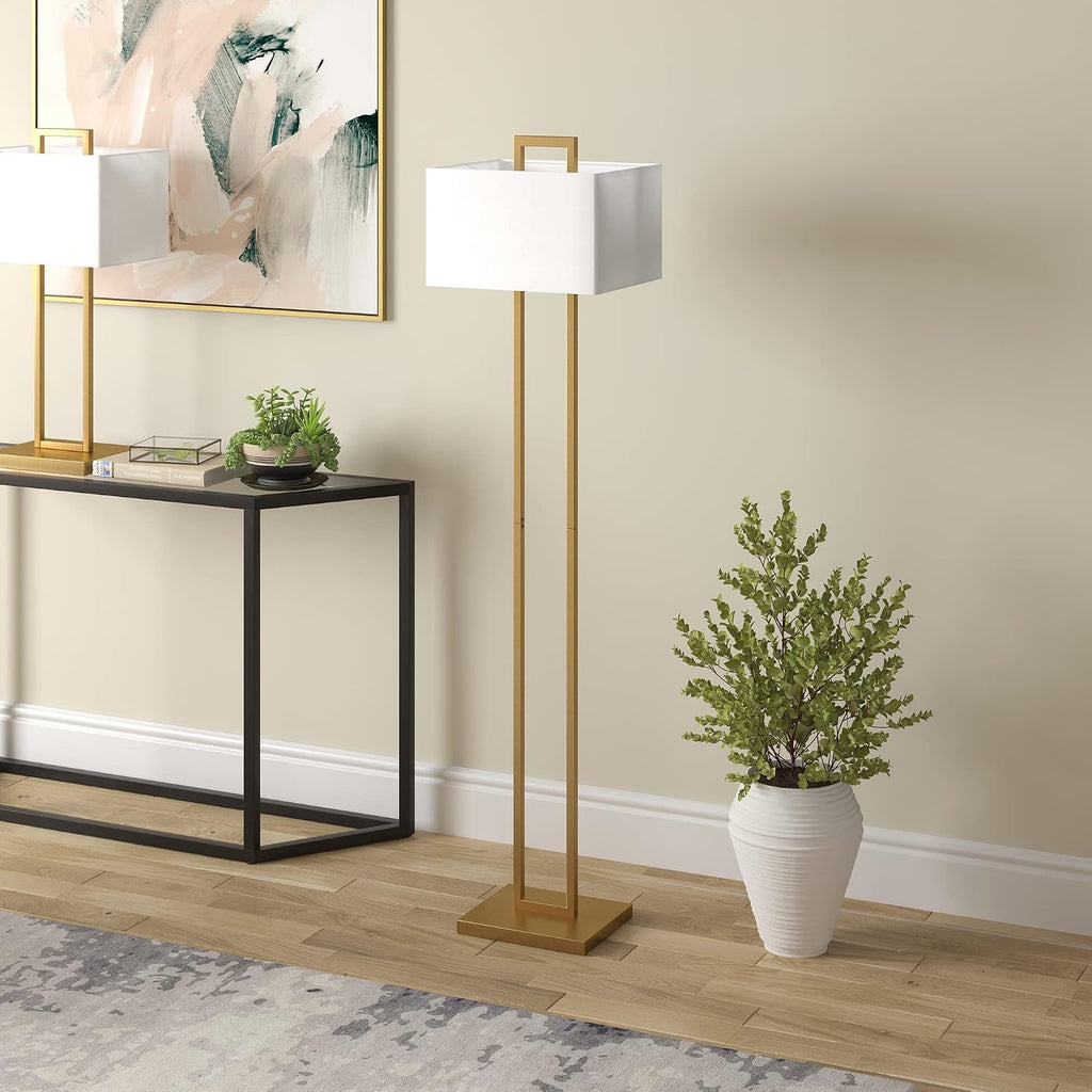 Henn&Hart 68' Modern 1-Light Floor Lamp with White Fabric Rectangle Shade for Living Room, Bedroom, or Office, Gold