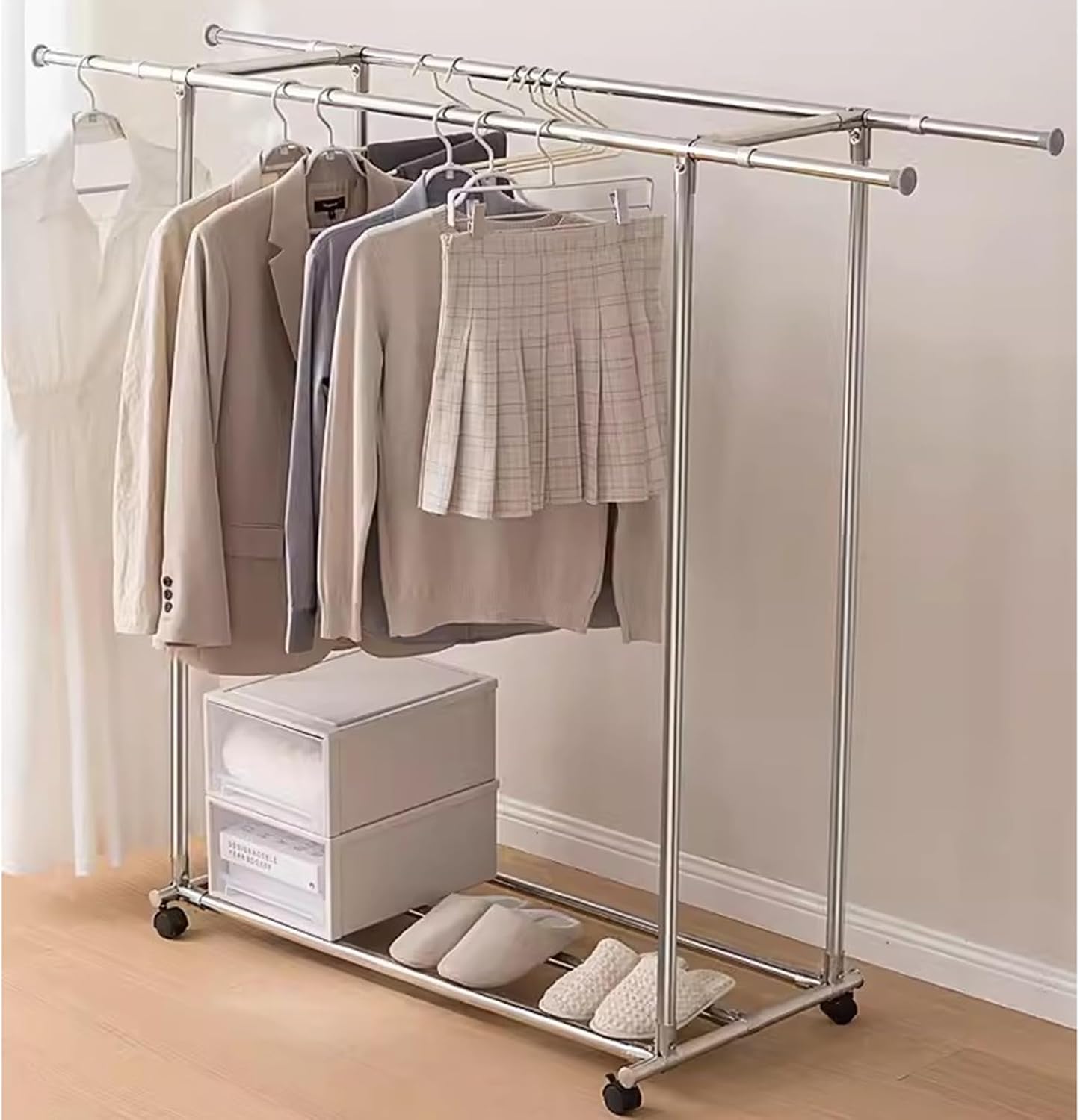 Heavy Duty Coat Rack, Garment Rack Double Rod Clothing Rack On Wheels, Extendable Hanging Rod, Heavy Duty Clothes Rail with Shelves, Portable Closet Organizer for Bedroom