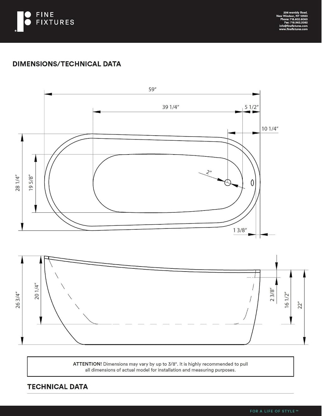 Fine Fixtures Zen Freestanding Bathtub White 59' With Drain Included