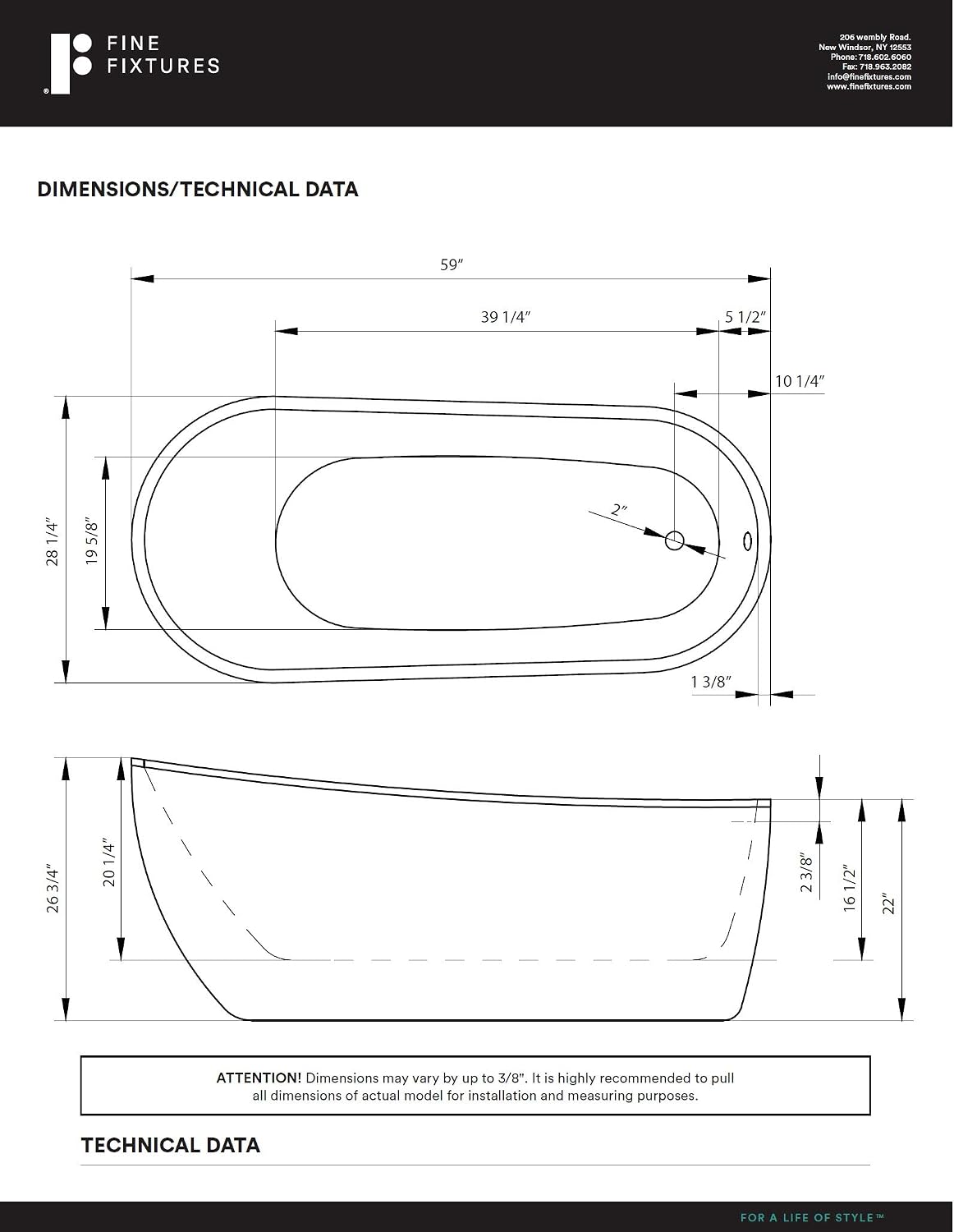 Fine Fixtures Zen Freestanding Bathtub White 59' With Drain Included