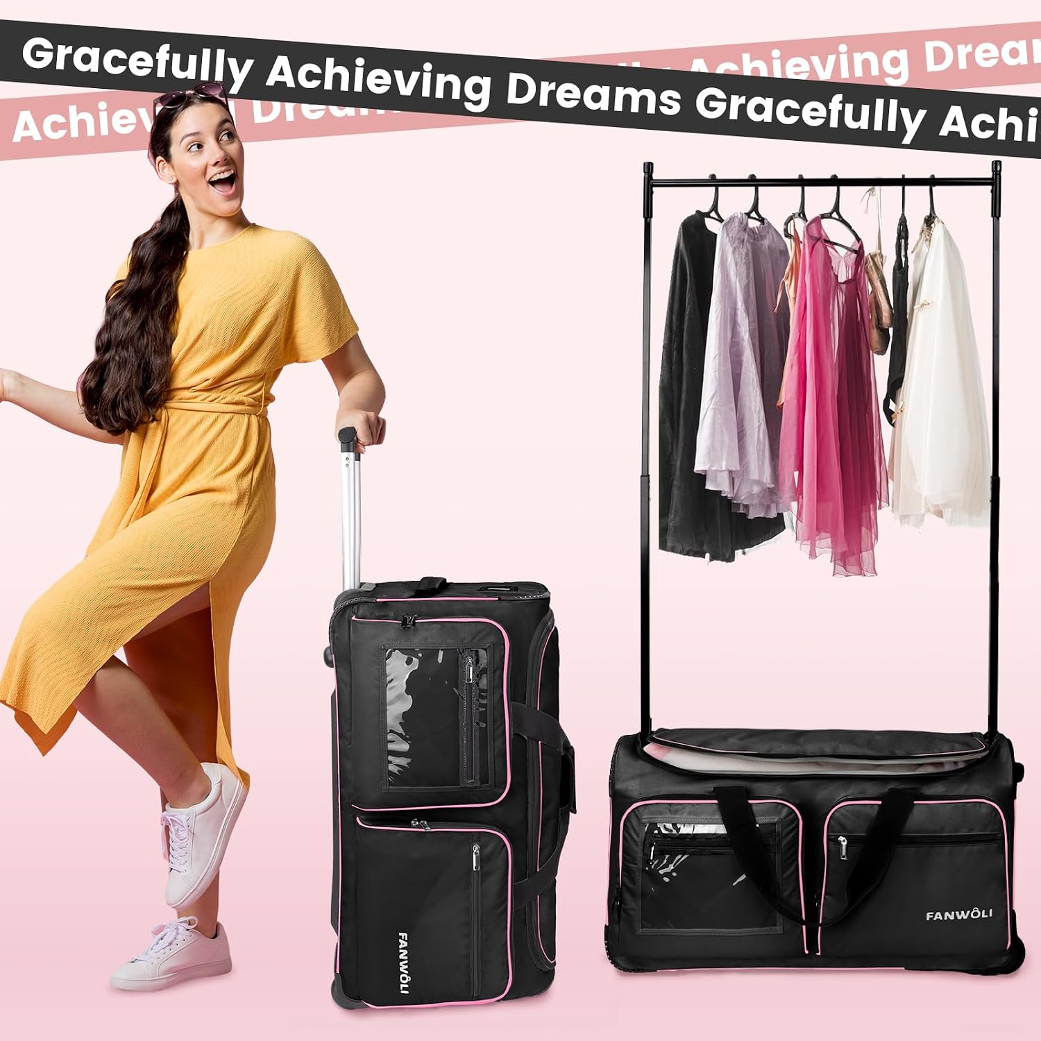Fanwoli 23' Dance Bag with Garment Rack | Upgraded Stable System & Fabric | More Lightweight & Wear-Resistant | Ideal Competition Rolling Duffle Bag