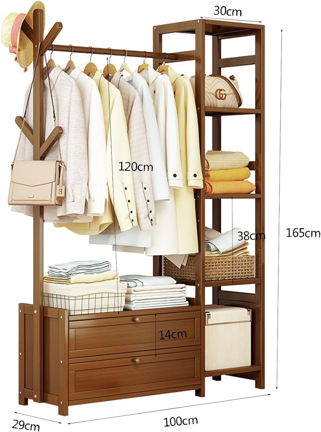 Bamboo Clothing Rack, Heavy Duty Rolling Garment Rack 4 Tier Storage Shelves Garment Rack with Side Hooks & drawers Clothes Racks for Hanging Clothes, Clothes Storage and Display, Wood