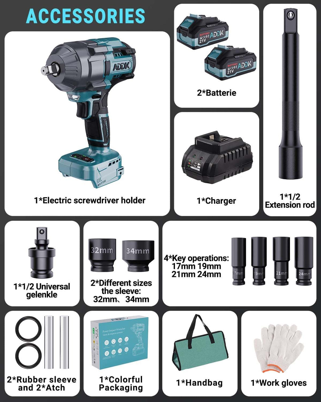 21V Cordless Impact Wrench Kit, 1200Ft-lbs (1600N.m) 1/2' Brushless Impact Gun with 6 Mode Speed, Electric 2600RPM High Torque Power Impact Driver for Car Truck Mower (1600Nm)