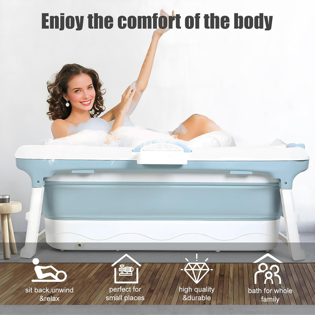 Portable Bathtub for Adult, 59' Large Collapsible Tub, Effortless Folding Bathtub with Massage Board, Thermometer, Thermal Cover, Ideal for Hot Bath Ice Bath with Reached Out Hands (46 inch)