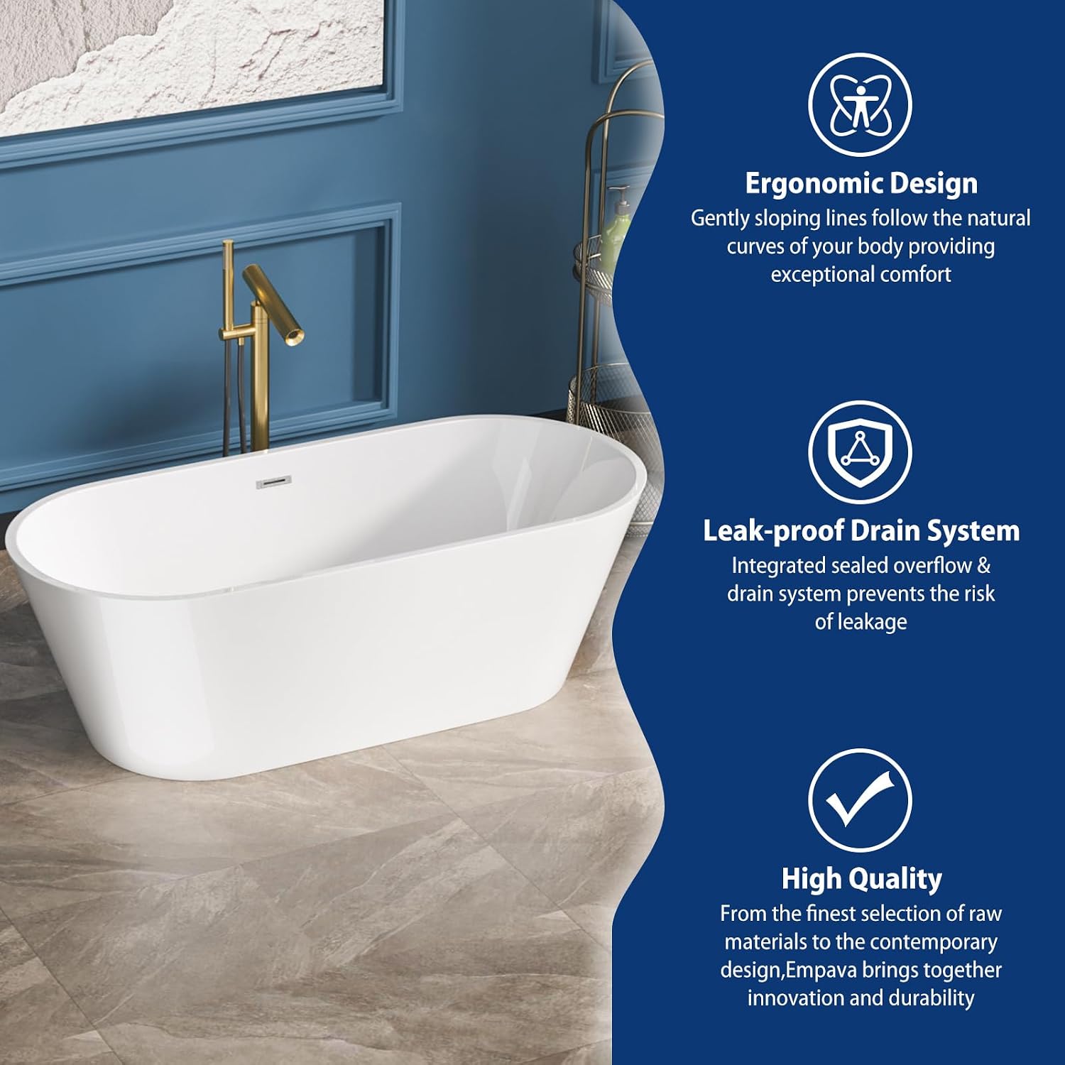 Sarlai 67 Inch Acrylic Freestanding Soaking Bathtub Contemporary Soaking White Tub Stand Alone Ergonomic Bathtub with Chrome Drain and Overflow