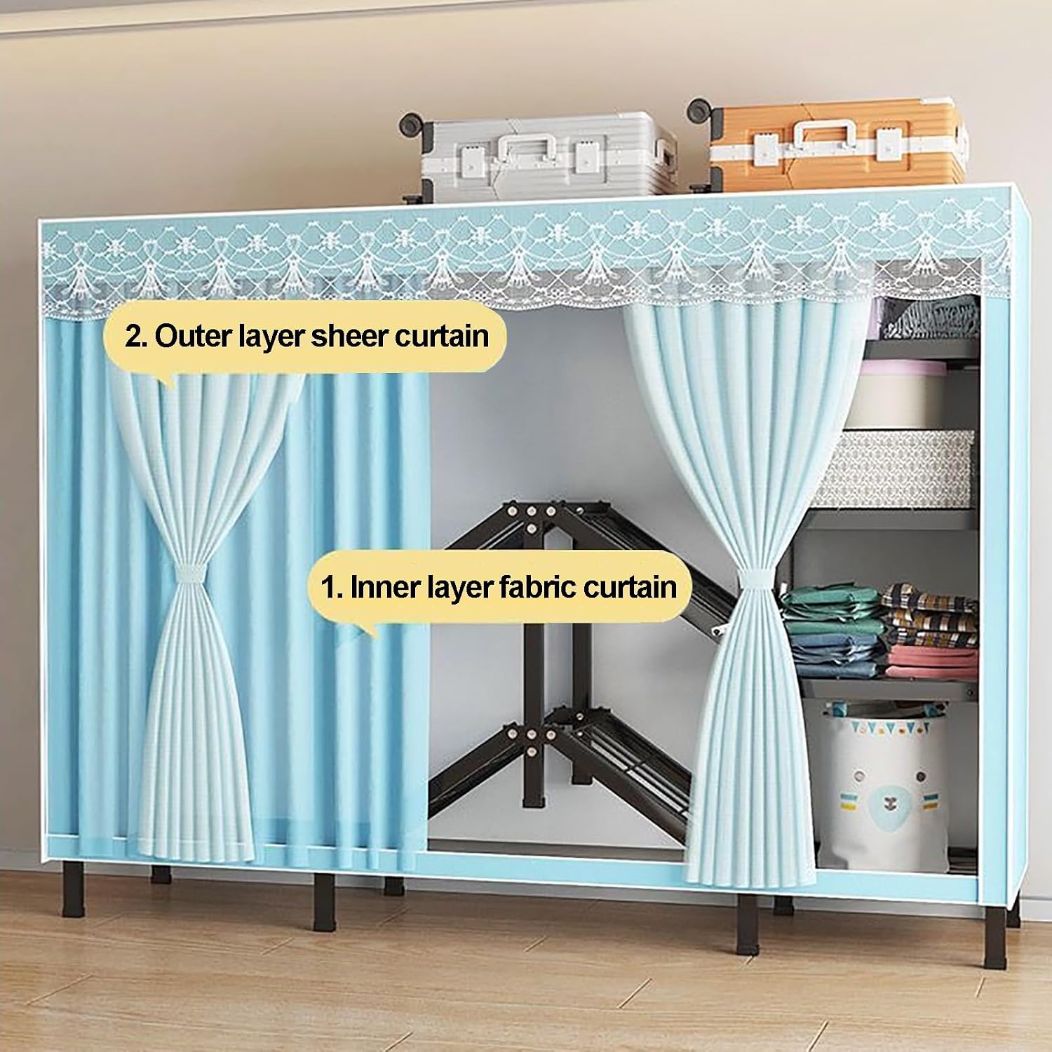 Foldable Portable Wardrobe Closet With Cover, Metal Clothes Rack, Covered Garment Rack For Hanging Clothes, Clothing Coat Storage Organizer(Grey,200cm/78.7inch)