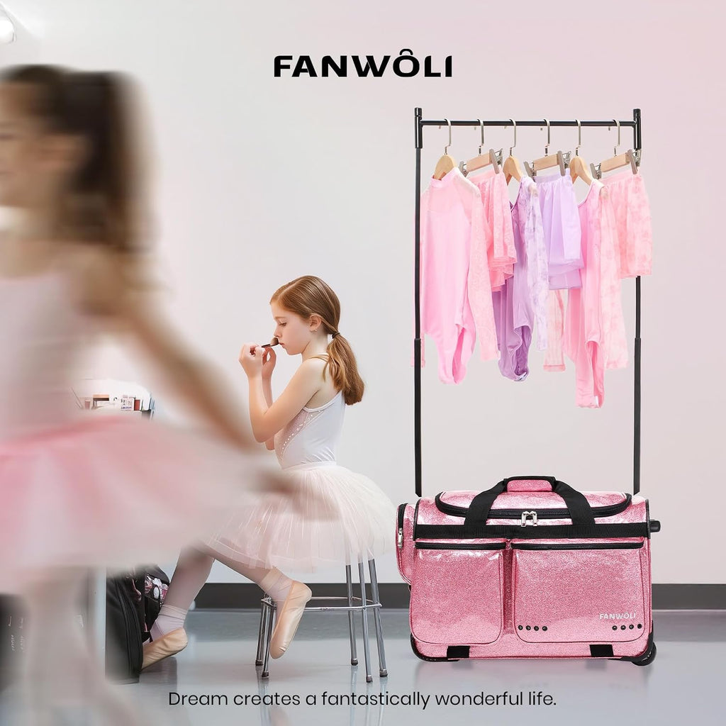 Fanwoli 23' Dance Bag with Garment Rack | Glittering Waterproof Fabric & Upgraded Stable System | Shine-Bright Collection | Ideal Competition Duffle Bag for Dancer Athlete Cheerleader Little Princess
