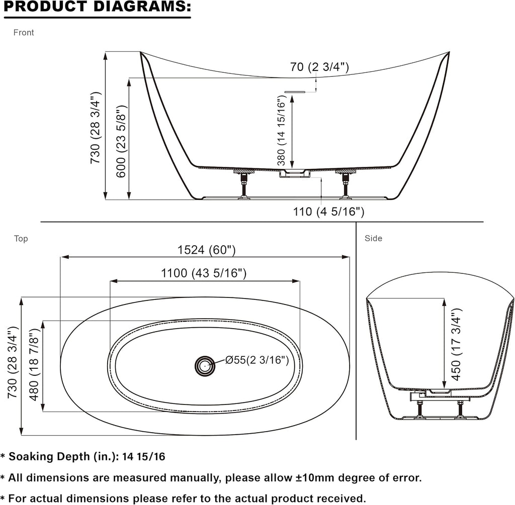 WELLFOR 60' Freestanding Acrylic Bathtub with Drain and Integrated Slotted Overflow, Soaking Bath Tub with Predrilled Overflow Holes, Soaking Bath Tub 56 Gallons Capacity, Glossy White