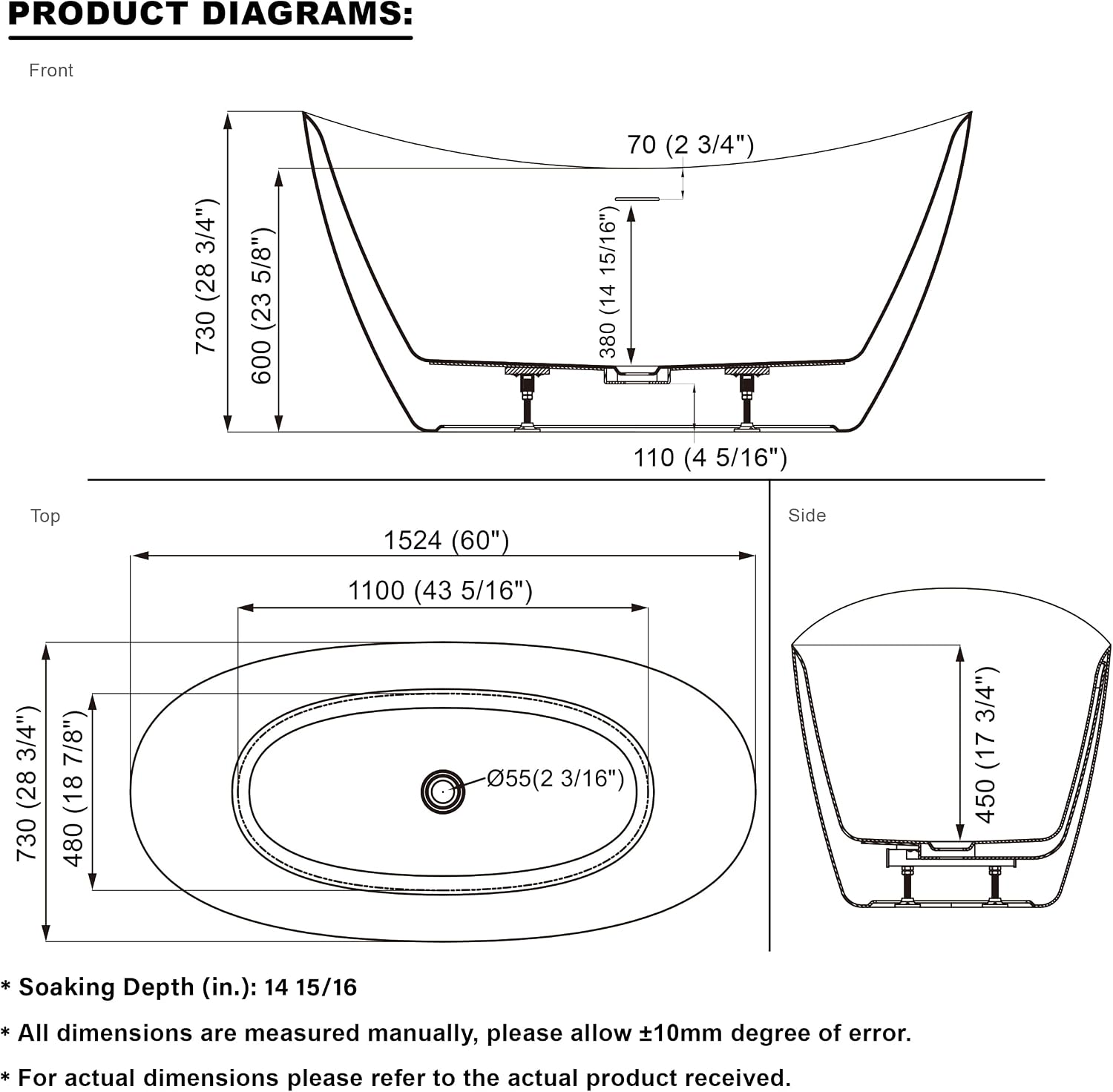 WELLFOR 60' Freestanding Acrylic Bathtub with Drain and Integrated Slotted Overflow, Soaking Bath Tub with Predrilled Overflow Holes, Soaking Bath Tub 56 Gallons Capacity, Glossy White