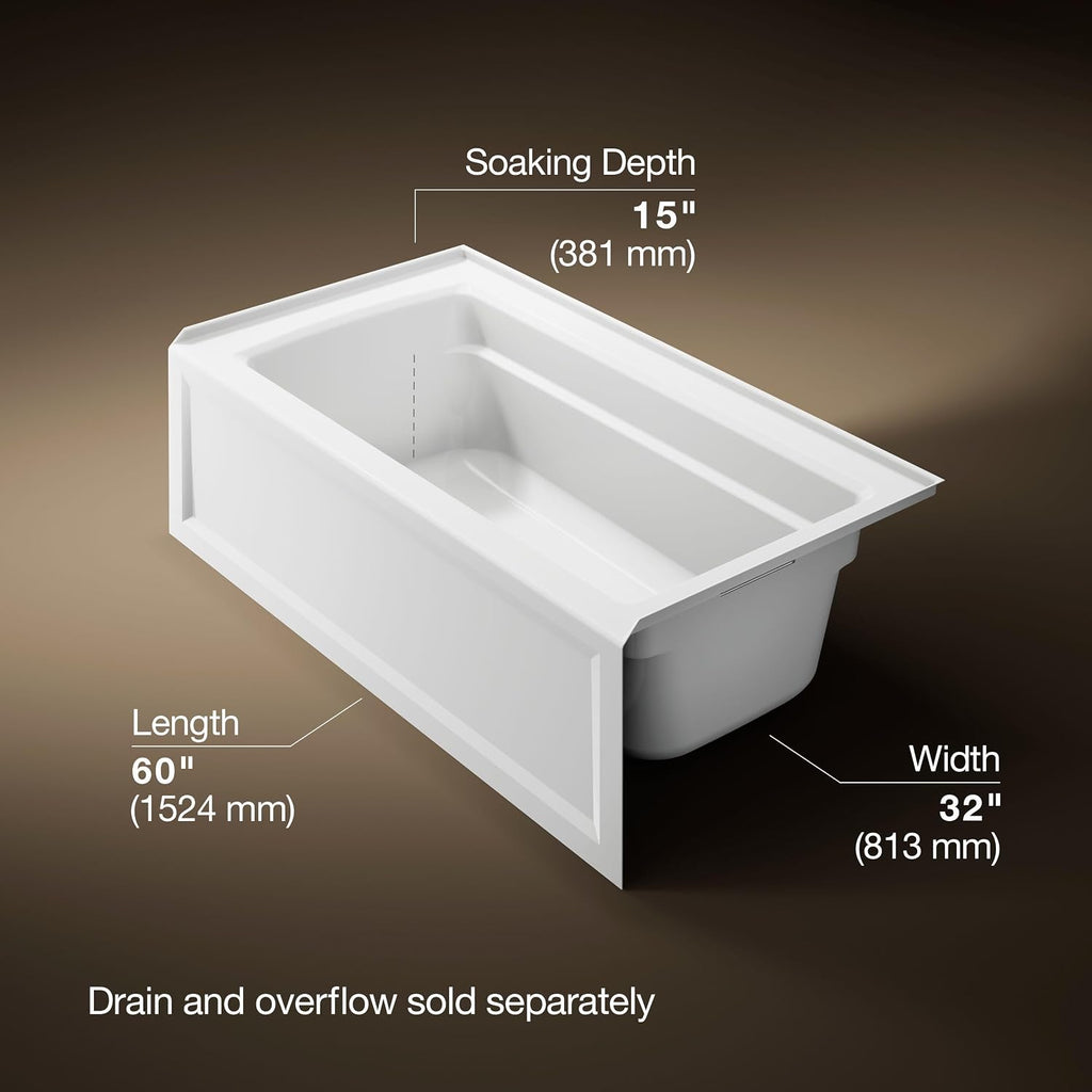Kohler 1123-RA-0 Archer® 60' x 32' Alcove Bath, Right Drain, Acrylic, White