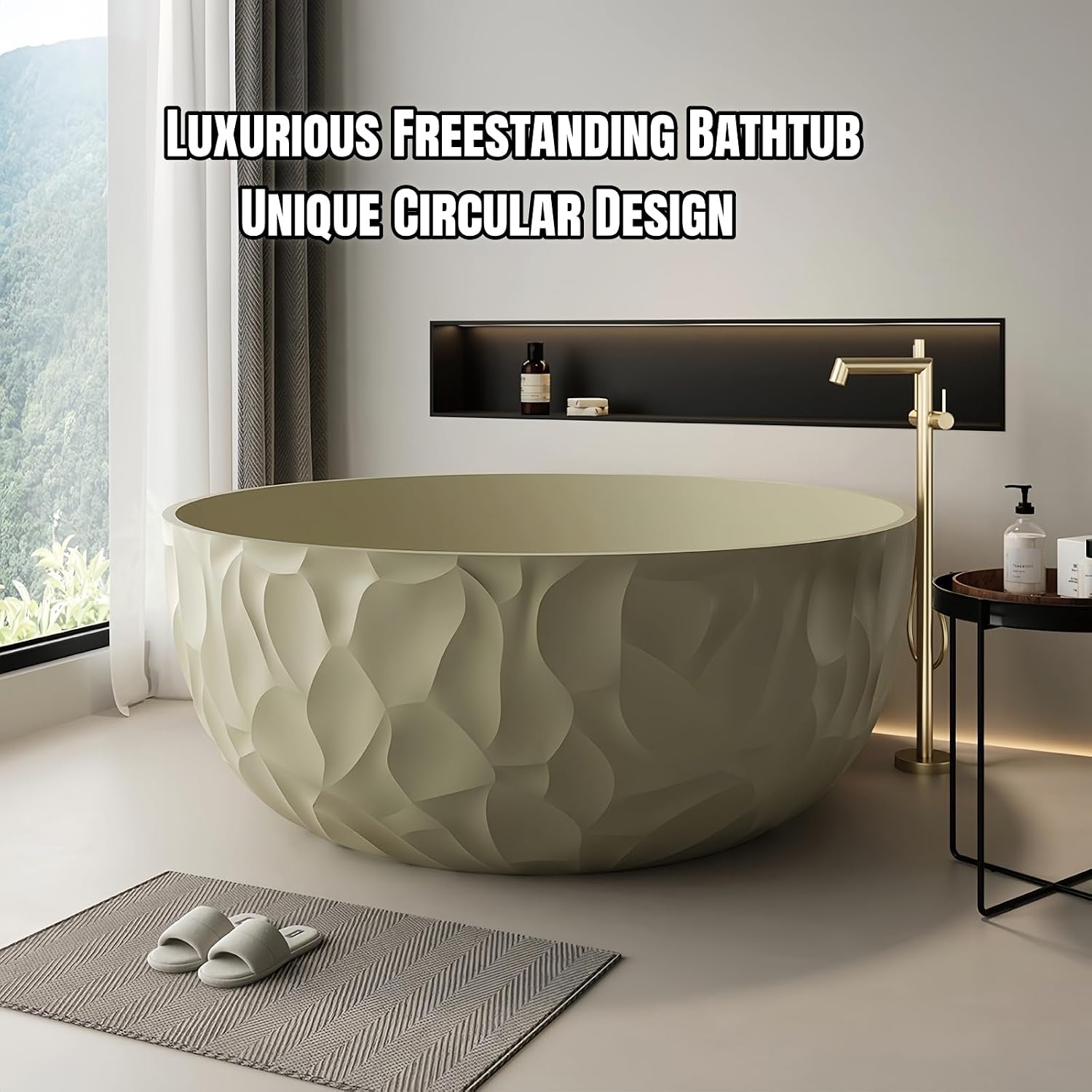 59' Edeyeu Freestanding Bathtub – Modern Solid Surface Bathtub With Ripple Design, Extra Deep Soaking Tub, Ergonomic Stand Alone Tub For Luxury Bathroom Spaces A