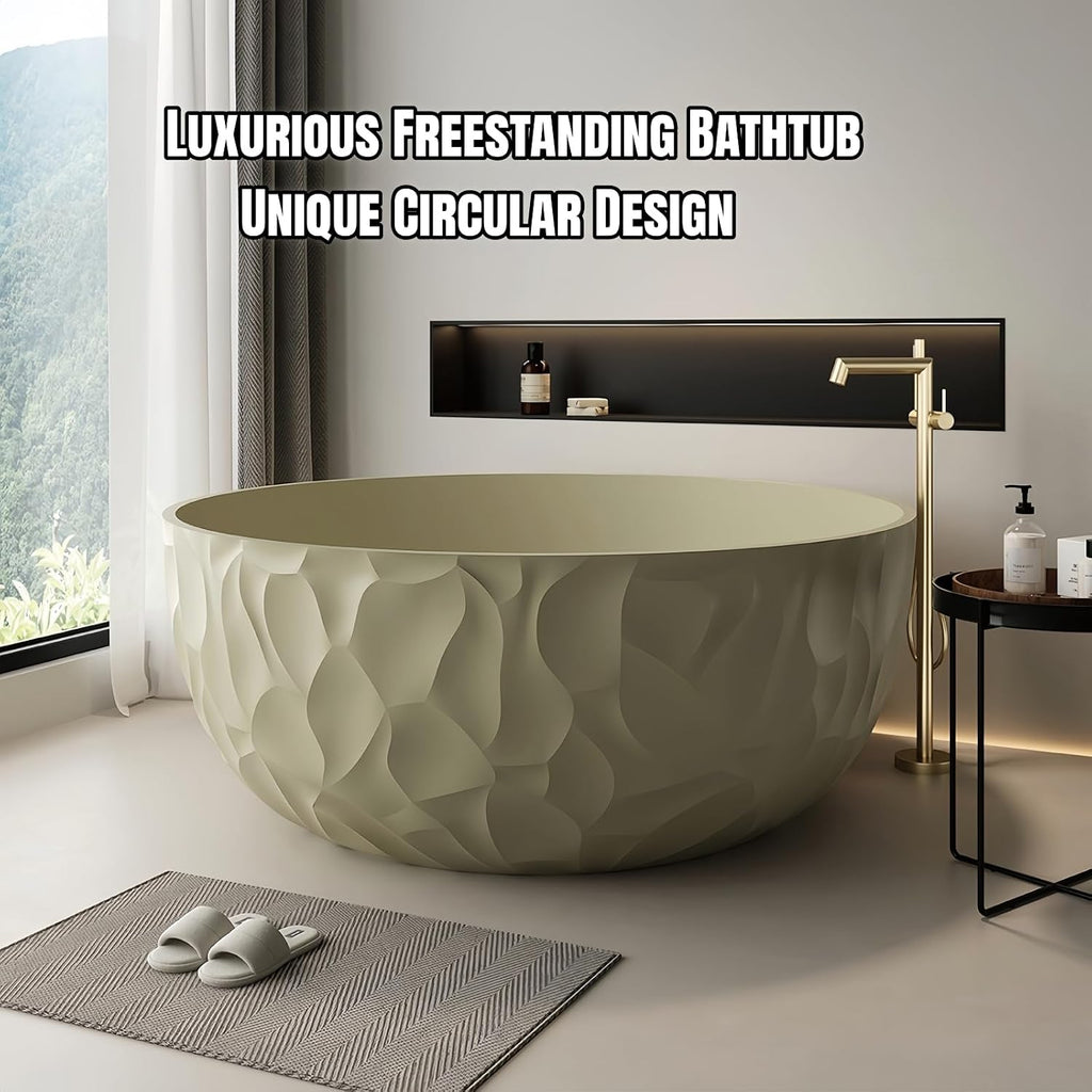 67' Edeyeu Freestanding Bathtub – Modern Solid Surface Bathtub With Ripple Design, Extra Deep Soaking Tub, Ergonomic Stand Alone Tub For Luxury Bathroom Spaces B
