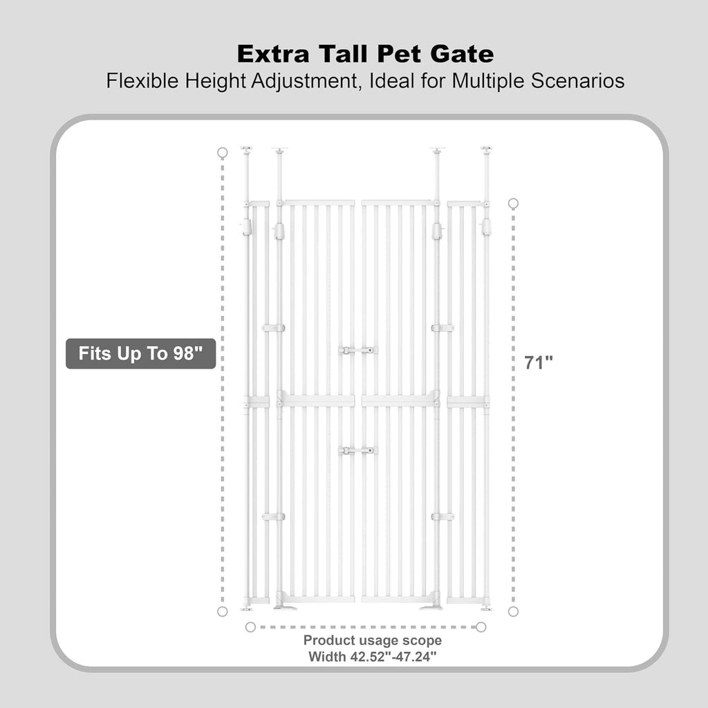 YGP 74.8-90.5' Extra Tall Cat Gate,30.3–47.2' Wide Pressure Mounted Cat Gate for Doorway, 1.3' Narrow Bar Cat Dog Proof Pet Gate,Auto Close No Drilling for Indoor Stairs Window Wall.White