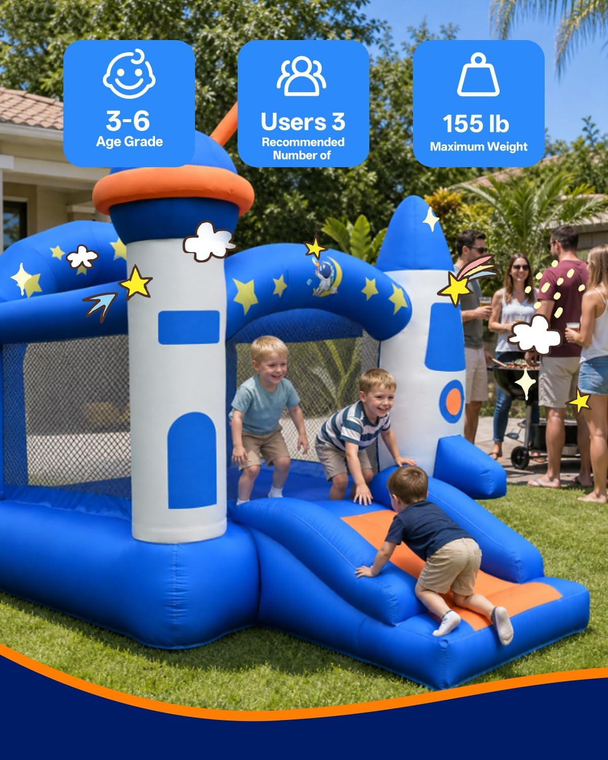 Bounce House, Kid Inflatable Bounce House with Slide, Space Rocket Themed Bouncy Castle for Kids 3-6, 370W for Indoor & Outdoor Play, Backyard Birthday Party with Basketball Hoop