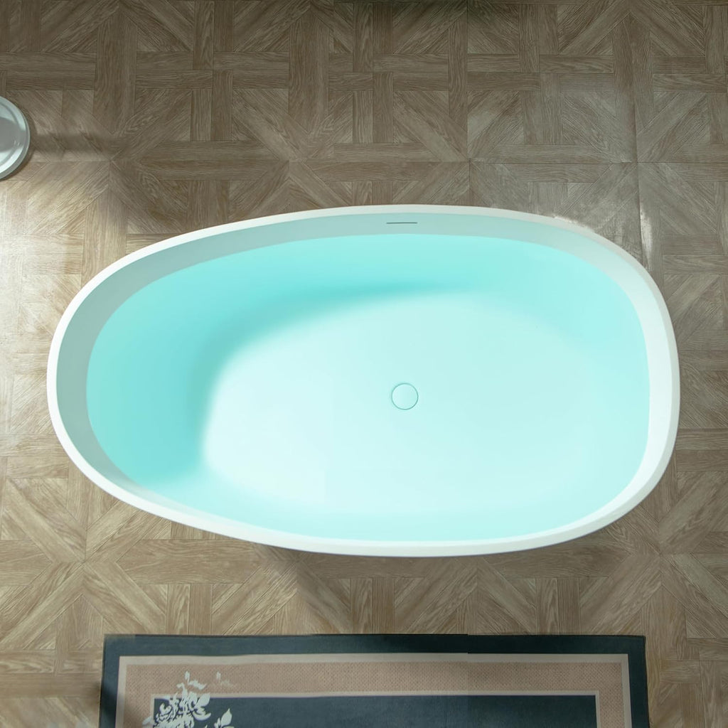WOODBRIDGE 59' Egg-Shaped Solid Surface Freestanding Soaking Tub, Modern Oval Stone Resin Bathtub with Integrated Slotted Overflow & Drain, Matte White, EST0701
