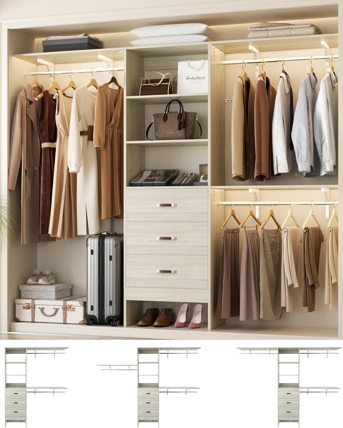 Closet System with 3 Drawers - 8FT Wood Closet Organizer with 3 Shelving Tower & Hanging Rods, 96' Walk-in Wardrobe Closet Organizer System for 4-8FT Spaces, Heavy Duty Garment Clothes Rack, White Oak