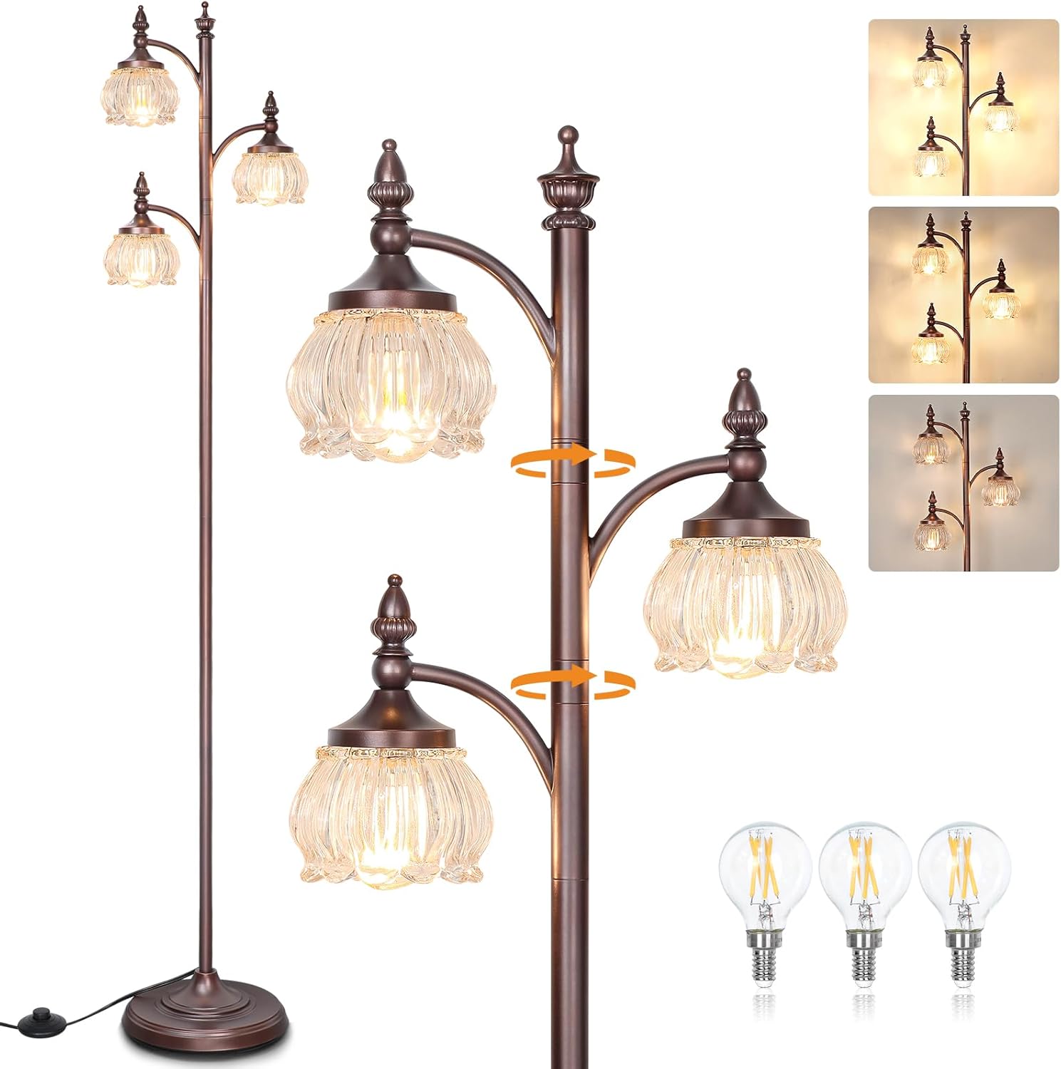 JUNNAI Brown Floor Lamps for Living Room Standing Lamp with 3 Brightness Lights Glass Shade 66.5in Flower Lamp for Bedroom Office Corner(3LED Bulbs Included)