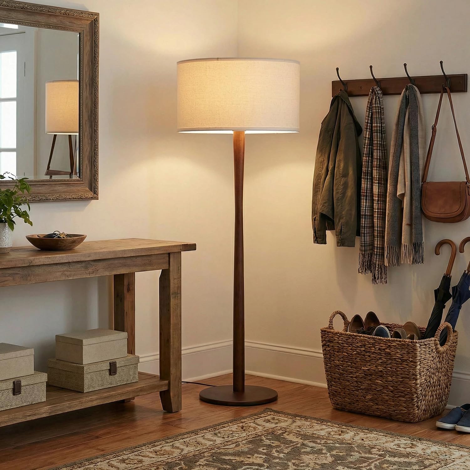 62' Tall Rustic Wood Floor Lamp for Living Room, Farmhouse Walnut Wood Floor Lamps with Linen Shade, UL Listed Standing Lamps with Wooden Base for Bedroom, Corner, Living Room, Office, Beige Shade