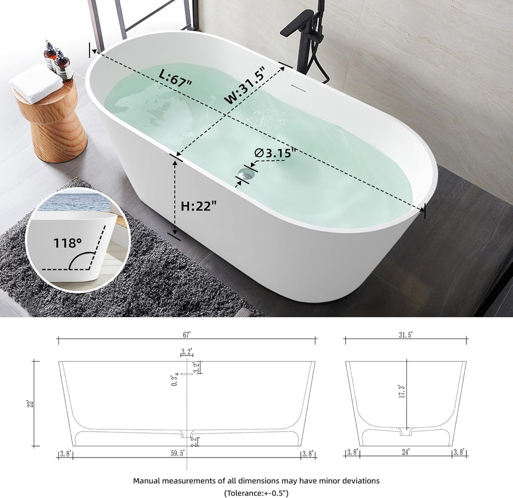 67' Freestanding Solid Surface Bathtub,Stone Resin Bathtub with Drain, Luxurious Soaking Tub for Bathrooms, Freestanding Bathtub for Comfort,Matt White