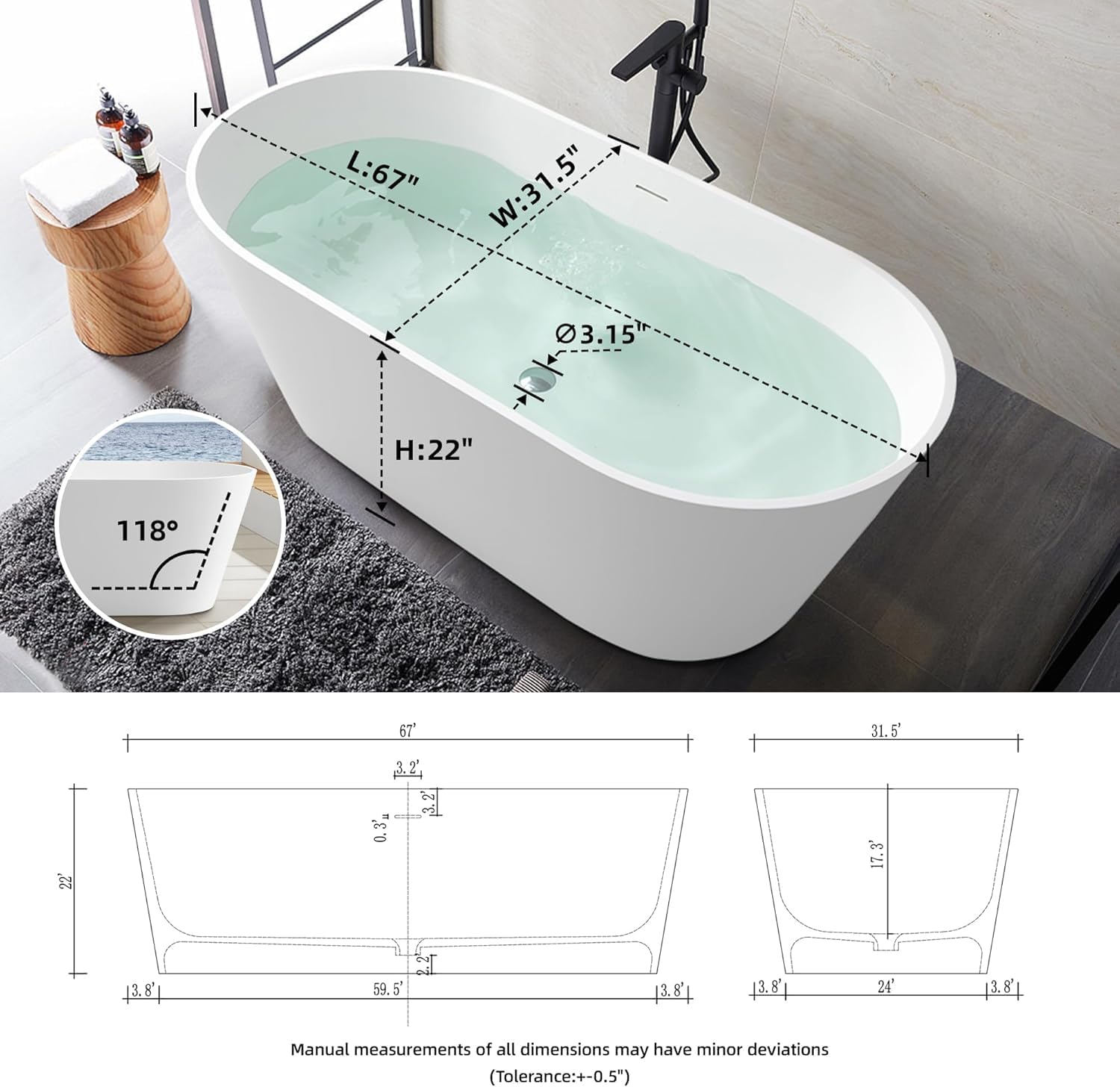 67' Freestanding Solid Surface Bathtub,Stone Resin Bathtub with Drain, Luxurious Soaking Tub for Bathrooms, Freestanding Bathtub for Comfort,Matt White