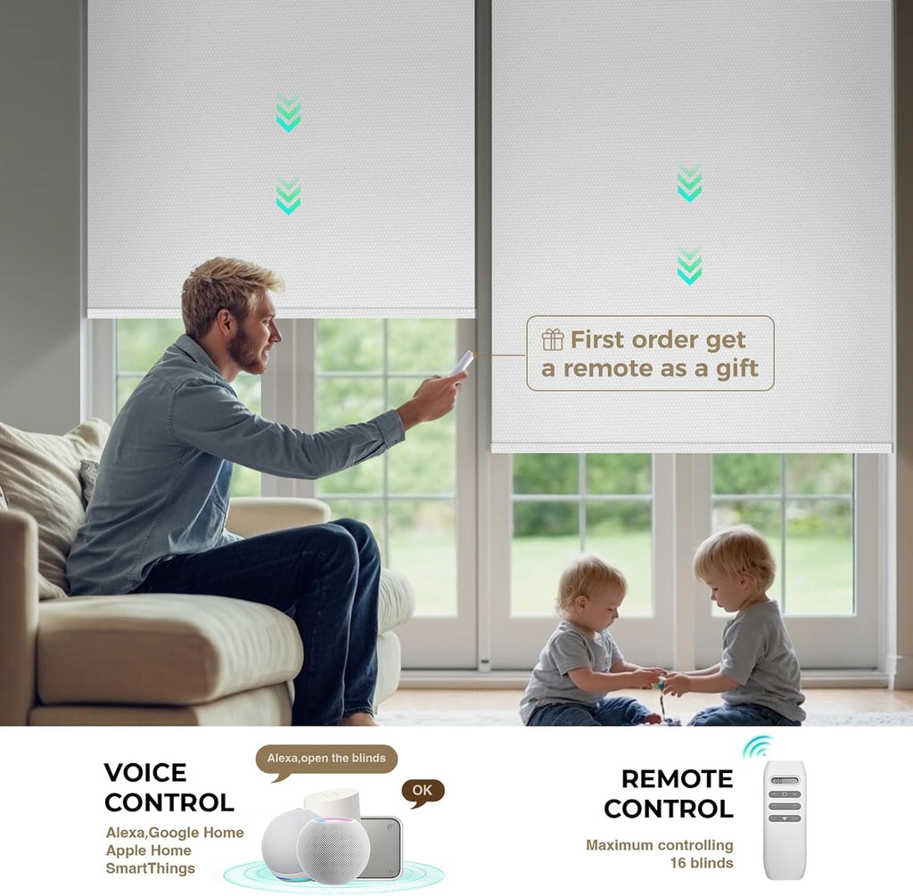 HeyBlinds Motorized Blinds with Remote, 100% Blackout Smart Blinds, Automatic Shades for Windows Compatible with Alexa Google and Homekit, Custom Size(Photo Film-White BO)