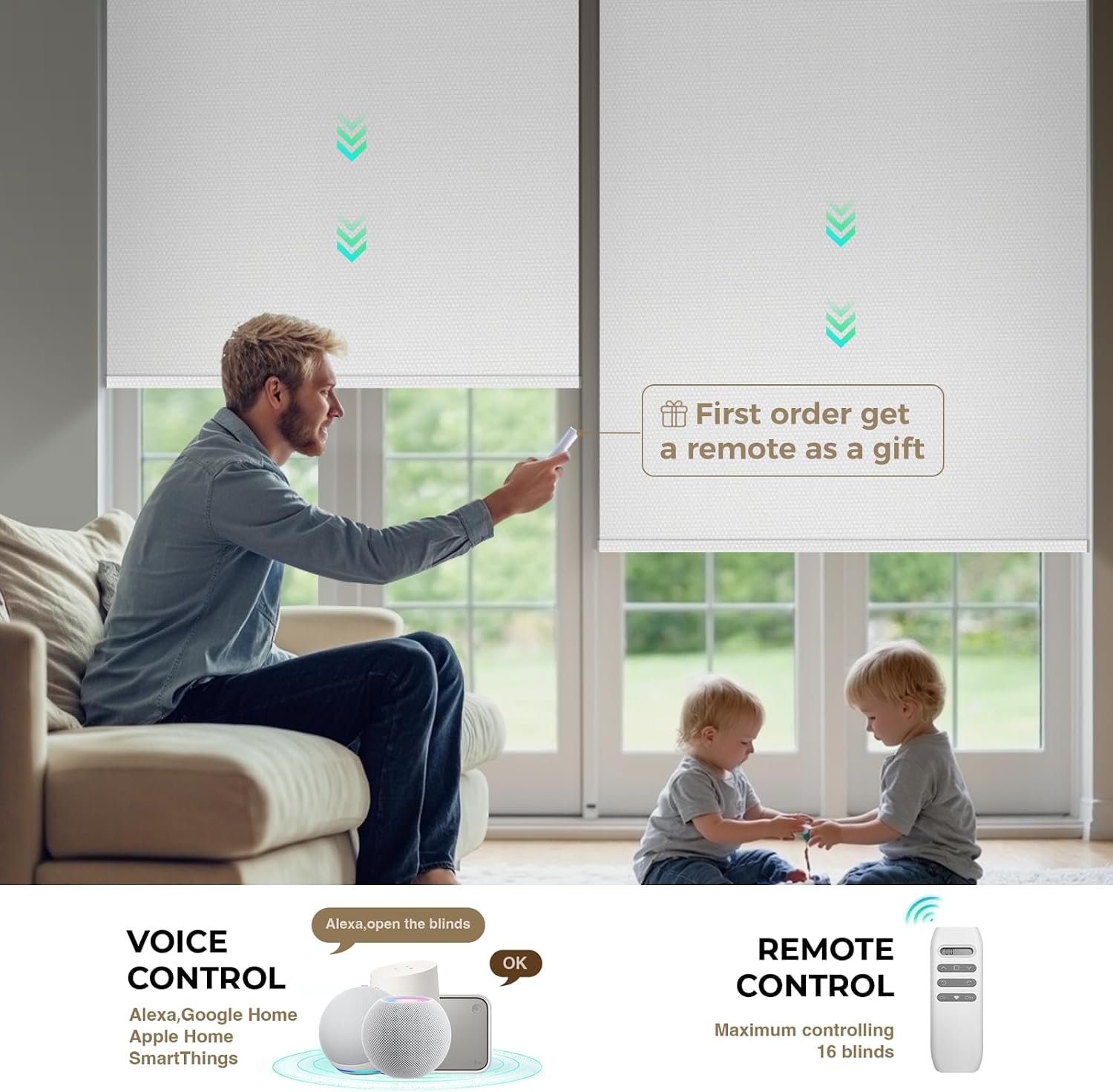 HeyBlinds Motorized Blinds with Remote, 100% Blackout Smart Blinds, Automatic Shades for Windows Compatible with Alexa Google and Homekit, Custom Size(Photo Film-White BO)