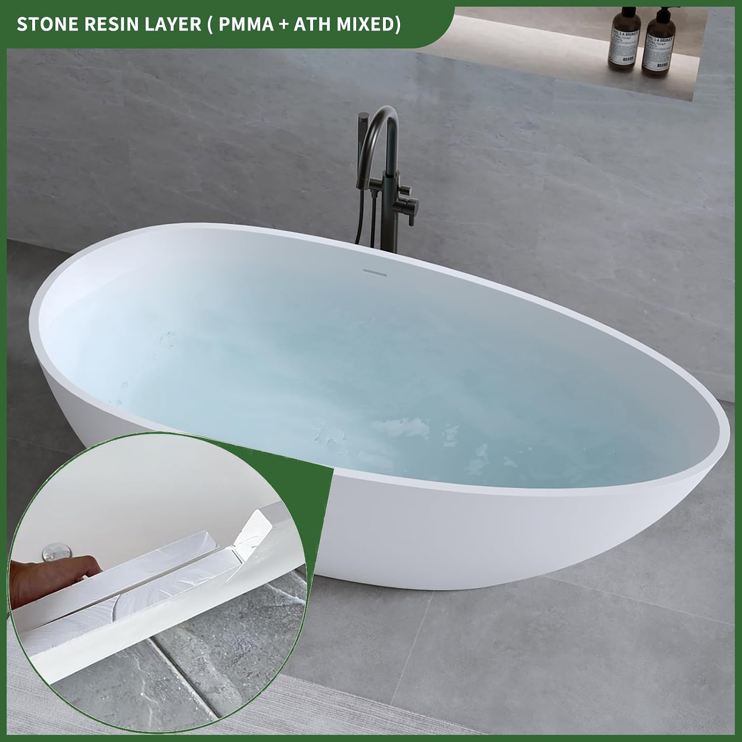 59' Bathtub Acrylic Solid Surface Soaking Tub Freestanding Resin Stone Matte White Stand Alone Tub with Overflow and Pop-Up Drain for Indoor Bathing