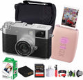 FUJIFILM X Half Premium Compact Digital Camera (Silver) Bundle with Fuji Link 3 Smartphone Printer (Rose Pink) + Instax Mini Film + 64GB Memory Card + Flexible Tripod + Cleaning Kit + More
