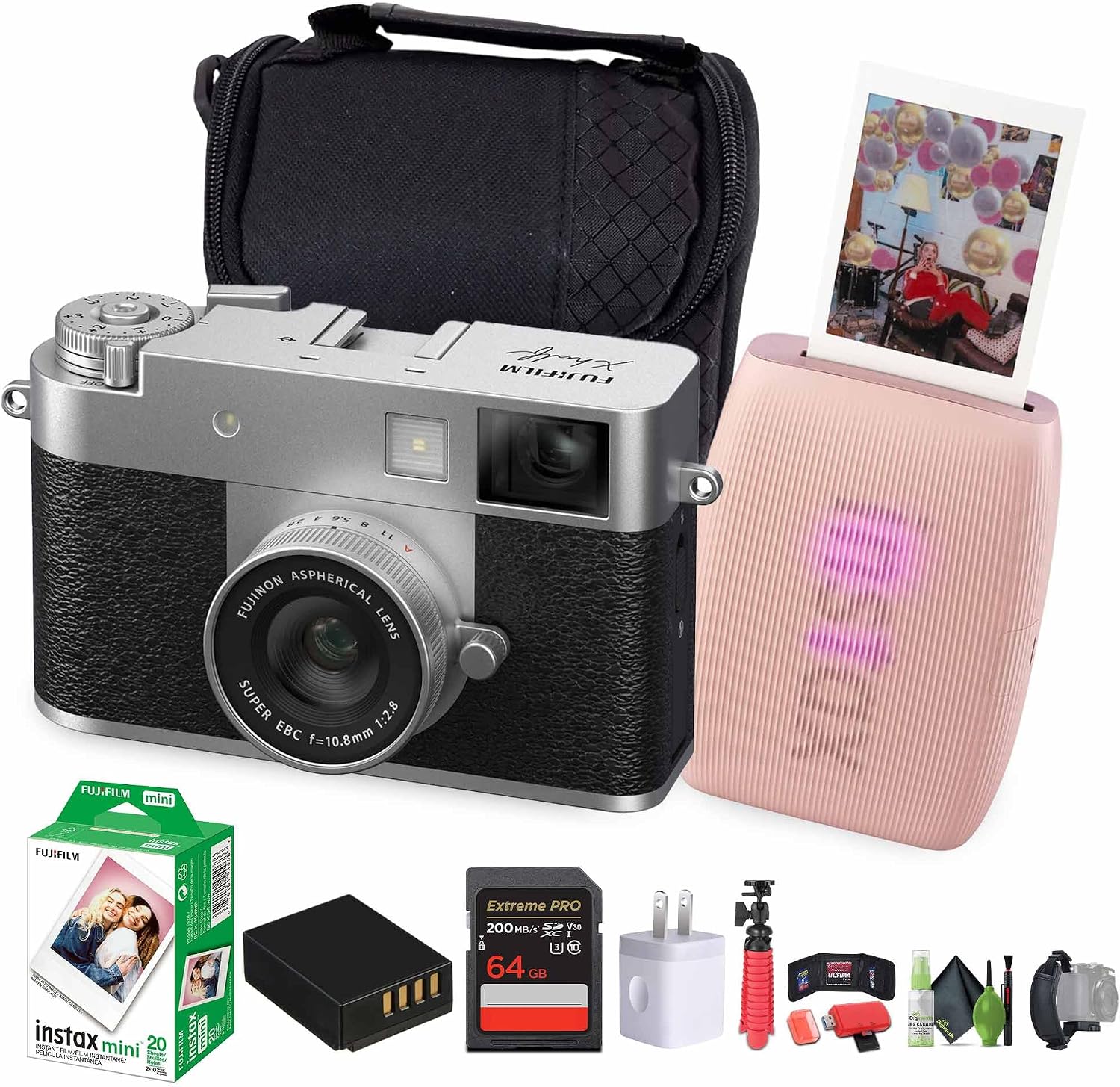 FUJIFILM X Half Premium Compact Digital Camera (Silver) Bundle with Fuji Link 3 Smartphone Printer (Rose Pink) + Instax Mini Film + 64GB Memory Card + Flexible Tripod + Cleaning Kit + More