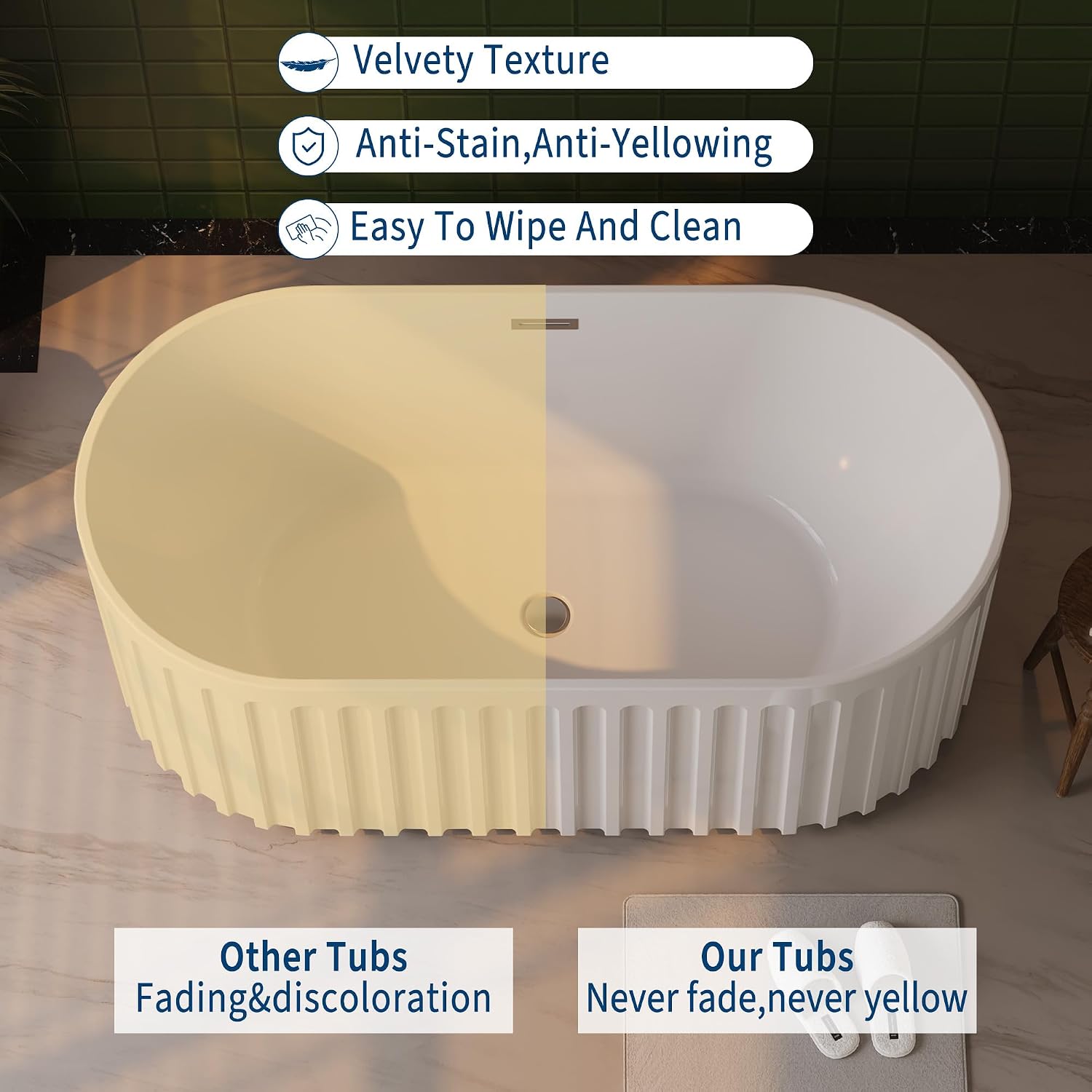 Freestanding Bathtub with Striped Design,59' Acrylic Bathroom Soaking Tub Includes Overflow Cover Pop-Up Drain Hidden Drainage System, CUPC Certified, Glossy White Finish